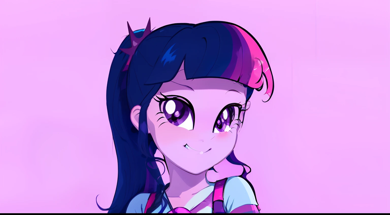 a close up of a cartoon girl with long hair and a pink shirt, twilight sparkle, cool twilight, dark cool twilight, her hair is in a pony tail, equestria, twilight ray, giddy smirk, she has two ponytails, cartoonish cute, twlight, with no derpy face, mlp, confident smirk, proud smirk