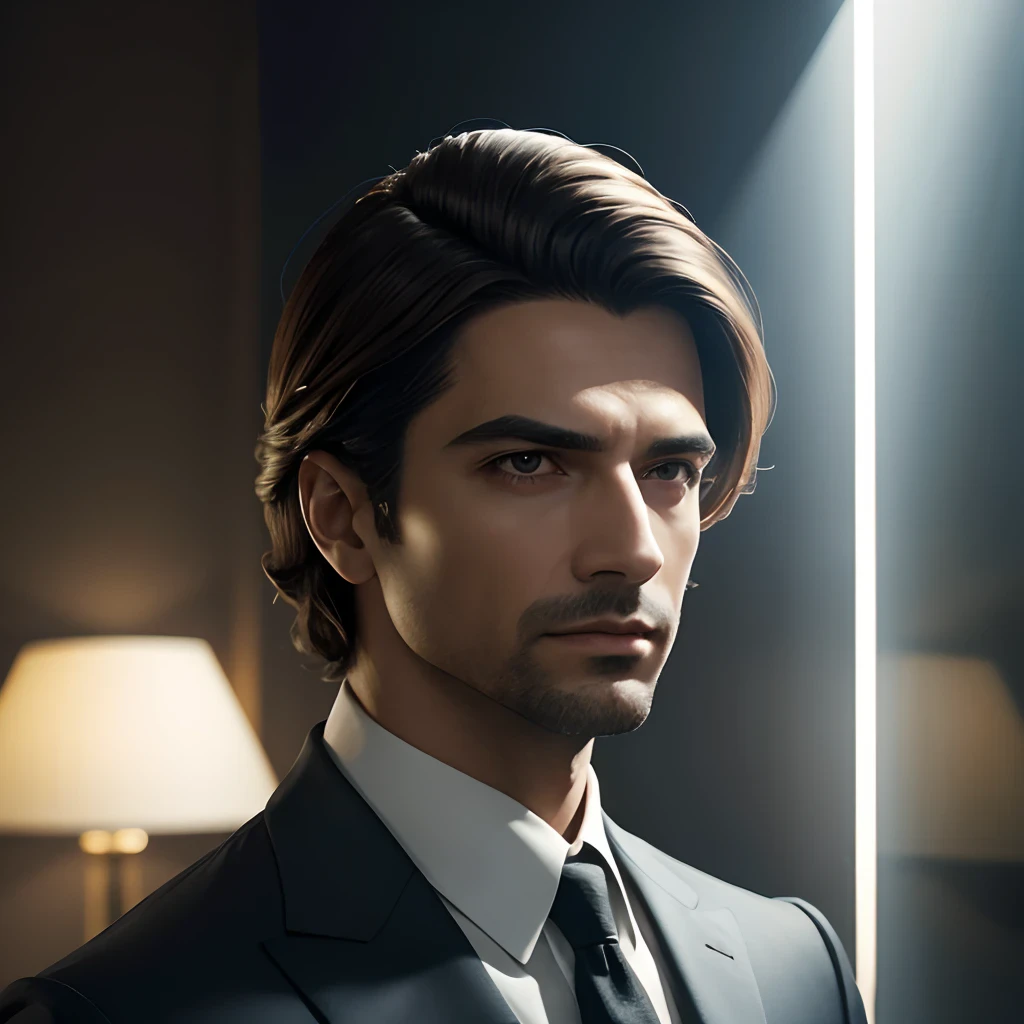 homem de terno, cabelo curto, hiper-realismo, Futurismo, realismo, reflection light, luz brilhante, brilho, Cinematic lighting, UHD, Super Detalhe, Detalhes altos, alta qualidade, Altas, best quality, master part