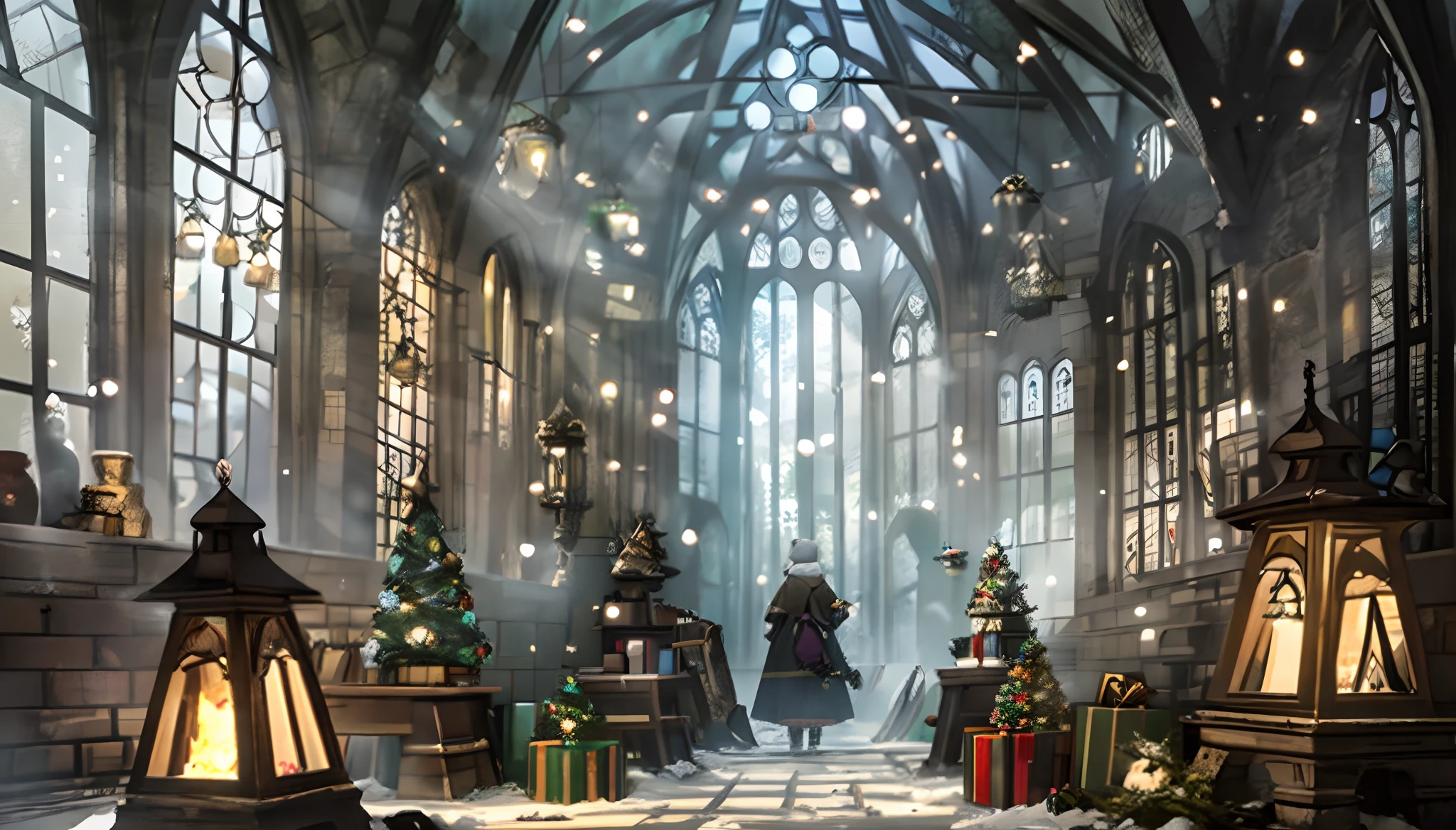 Background Photo for Harry Potter Movie Style Presentation , Hogwarts, The upper part is decorated with snow, Green, garlands and spruce branches, around the edges are various magical items from Hogwarts School and some magical effects or spells, Middle: Light, EMPTY, Here you need to leave space for the text, Warm light, Winter mood of the soul , The feeling of a holiday and an approaching Christmas.