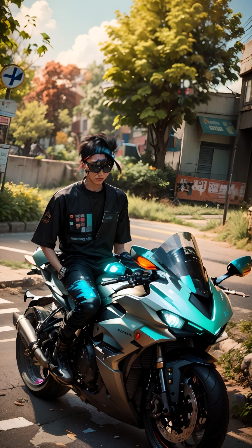 ((Cyberpunk)),there is a young korea man sitting on a motorcycle on the street, biker, riding, motorbiker, without helmet, sitting on a motorcycle, riding a motorcycle, avatar image, realism artstyle, riyahd cassiem, sitting on cyberpunk motorbike, front profile!!!!, motorcycle, motorbike, r6, random style, taken in 2 0 2 0, no helmet