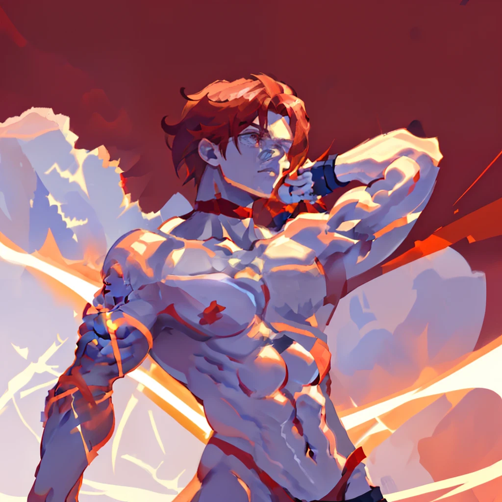 masterpiece, 2d illustration, (naked) male, solo, very muscular chest, (medium boobs:1.5), perky puffy nipples, wearing a choker, bright red hair, bright red background, light abs, (slim waist), facing the viewer while standing at an angle, facing right, idle posing, bright white pink skin tone, only till waist, (close up on torso), (NSFW)
