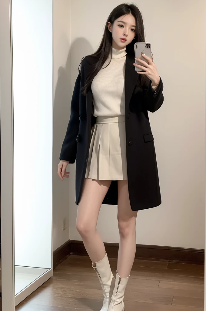 Take a selfie in the mirror,long leges,Full body photo,blackstockings,skirt suit,Sweaters,best qualtiy,tmasterpiece,超高分辨率,(真实感:1.4),RAW photogr,Photorealistic、Photography、masutepiece、top-quality、high resolution, delicate and pretty、face perfect、Beautiful detailed eyes、Fair skin、Real human skin、pores、((Thin legs))、(Dark hair(perfect bodies:1.1),long whitr hair,(dynamicposes),((Dynamic background((volumettic light:1.3)),coat large,a skirt,Bare-legged artifact,Boots,fully body photo,standing straight,Take a selfie with your phone,masutepiece、top-quality、high resolution, delicate and pretty、face perfect、Beautiful detailed eyes、Fair skin、Real human skin、pores、((Thin legs))、(Dark hair)