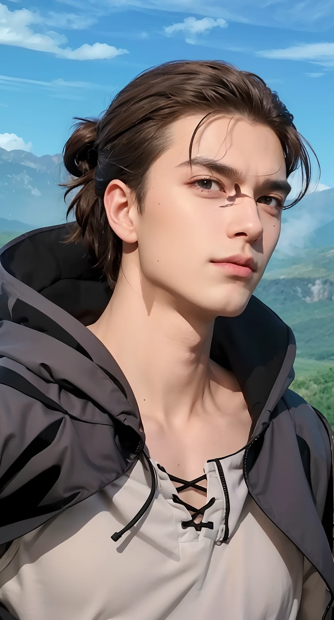 Real life adaption of this character, Handsome face, realistic same hair, (realistic same outfit), realistic same background battlefield with black smoke, realistic light, realistic shadow, realism, hyper realistic,(photorealistic:1.2)