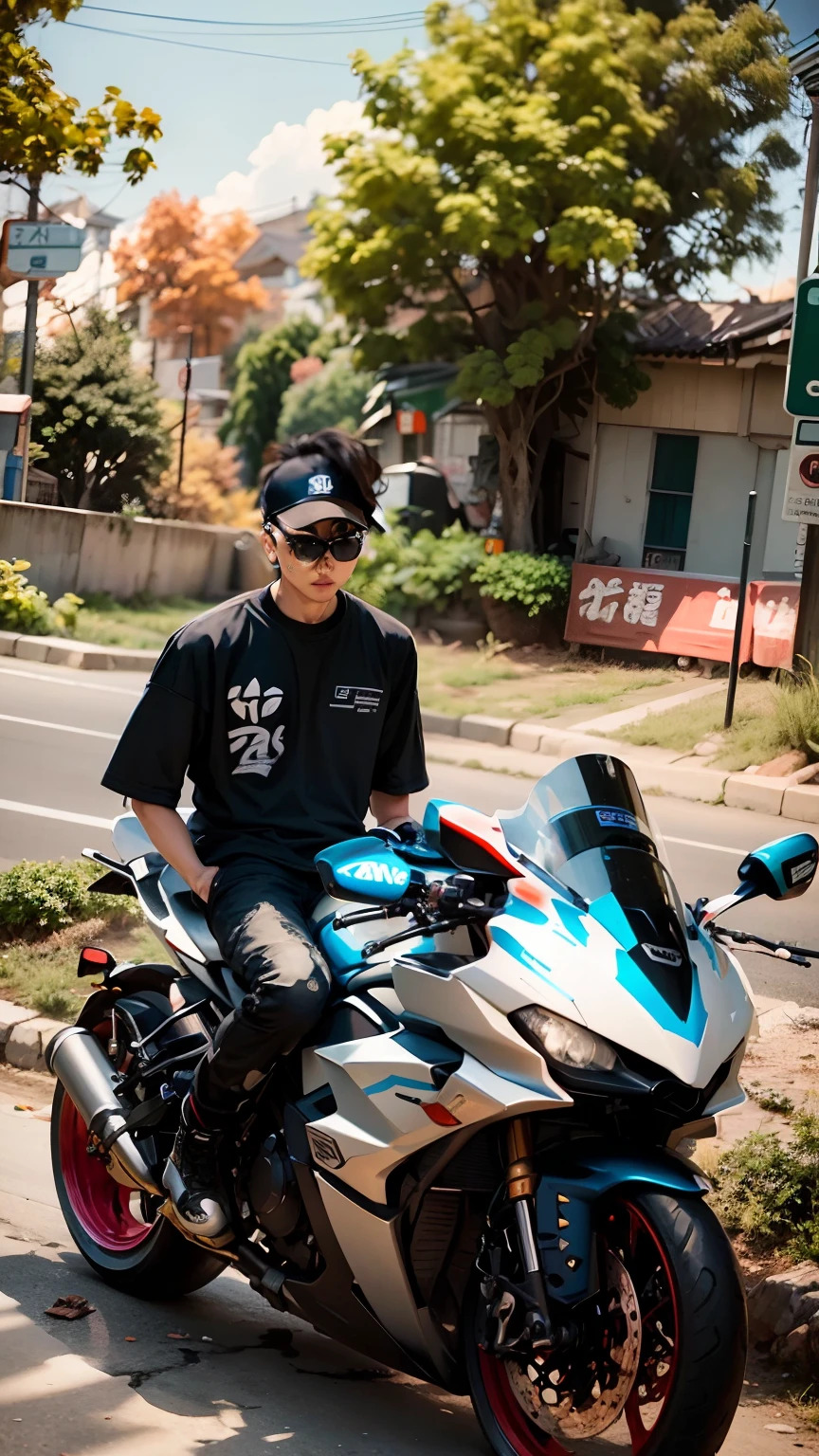 there is a young korea man sitting on a motorcycle on the street, biker, riding, motorbiker, without helmet, sitting on a motorcycle, riding a motorcycle, avatar image, realism artstyle, riyahd cassiem, sitting on cyberpunk motorbike, front profile!!!!, motorcycle, motorbike, r6, random style, taken in 2 0 2 0, no helmet