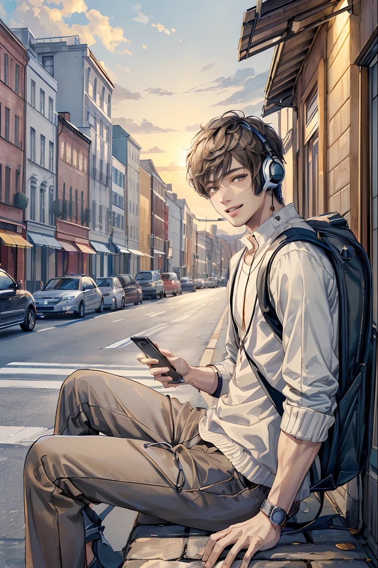 4K works))、masterpiece、(top-quality)、((high-level image quality))、((One Manly Boy))、Slim body、((Attractive and sexy fashion))、((Men's Fashion))、((Holding a backpack and iPhone in hand))、(Detailed beautiful eyes)、In a fashionable city、Sitting on the curb and listening to music、Face similar to Chaewon in Ruseraphim、((short hair above the ears))、((Smaller face))、((Neutral face))、((Light brown eyes))、((Korean boy))、((18year old))、((Handsome man))、((Teeth and smile expression))、((Korean Makeup))、((elongated and sharp eyes))、((photo of a model))、((Like a celebrity))、Professional Photos、((Shot alone))、((Sitting on the curb and listening to music through headphones))、((He sits in front of the viewer))、((Shot diagonally up from the front))、