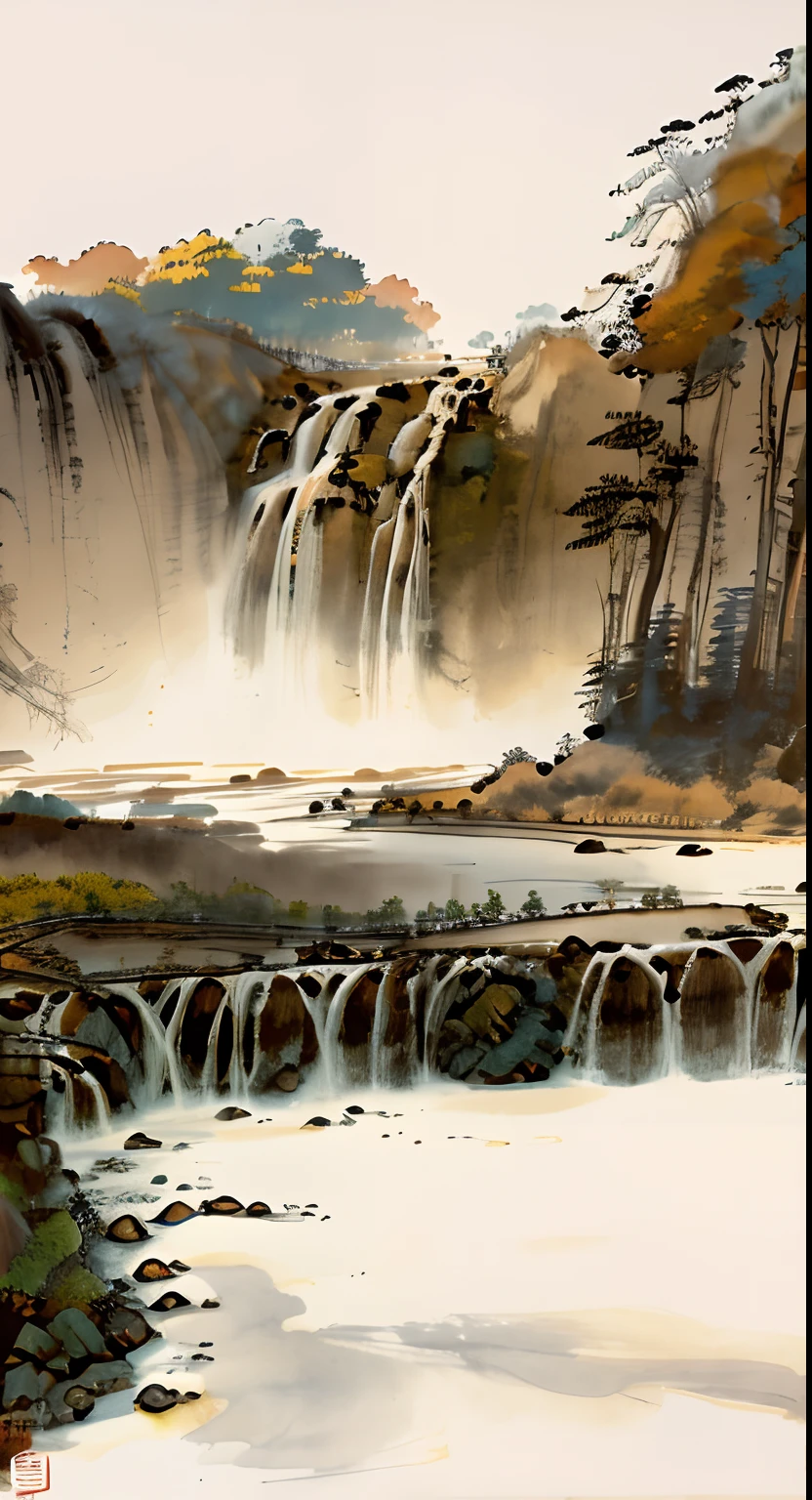 Chinese landscape painting，ink and watercolor painting，the trees，vegetation，small waterfalls