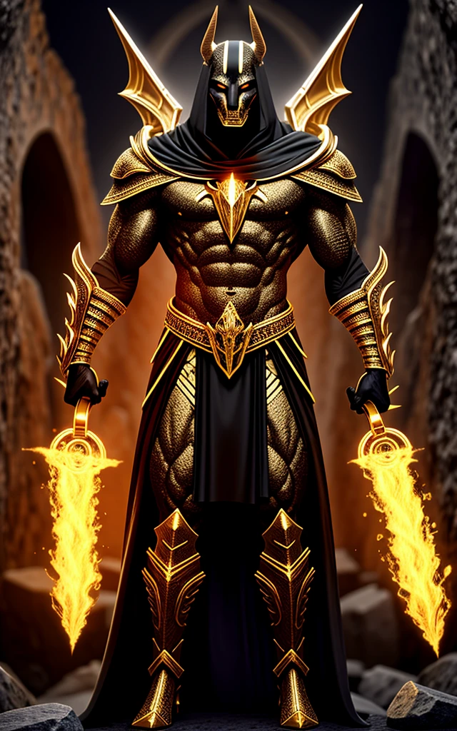 (high quality), photorealistic,
jewelry, (solo),
(dynamic pose), towards right, ((hell gate)), fire, hell landscape, (the underworld), (dark landscape),
anubis, egyptian headed god, anthro, muscular, (holding golden scales), dynamic pose, cinematic, dramatic camera angle, golden armor:0.25, black & gold cape, (good anatomy), (good proportions), masterpiece, centered,