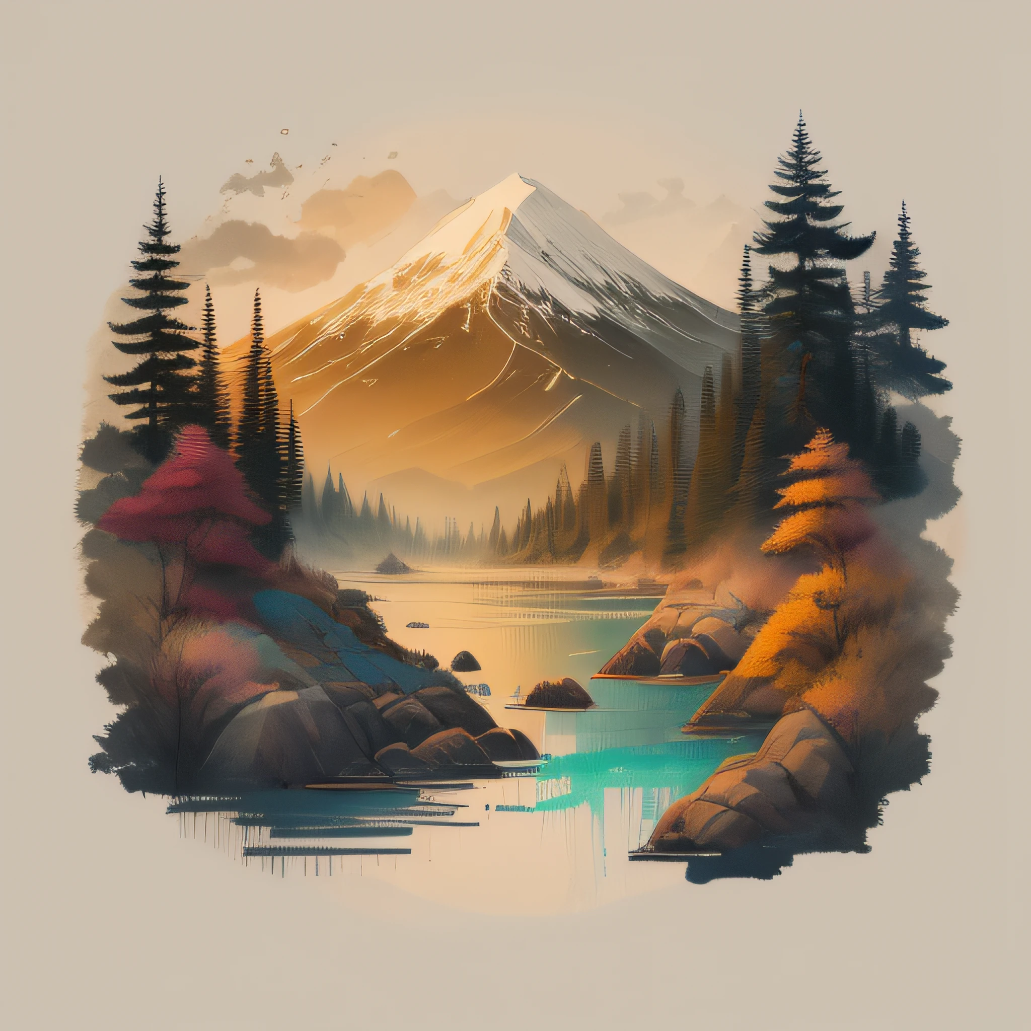 white background, landscape, paint, mountains, water, trees, t-shirt design, vector art