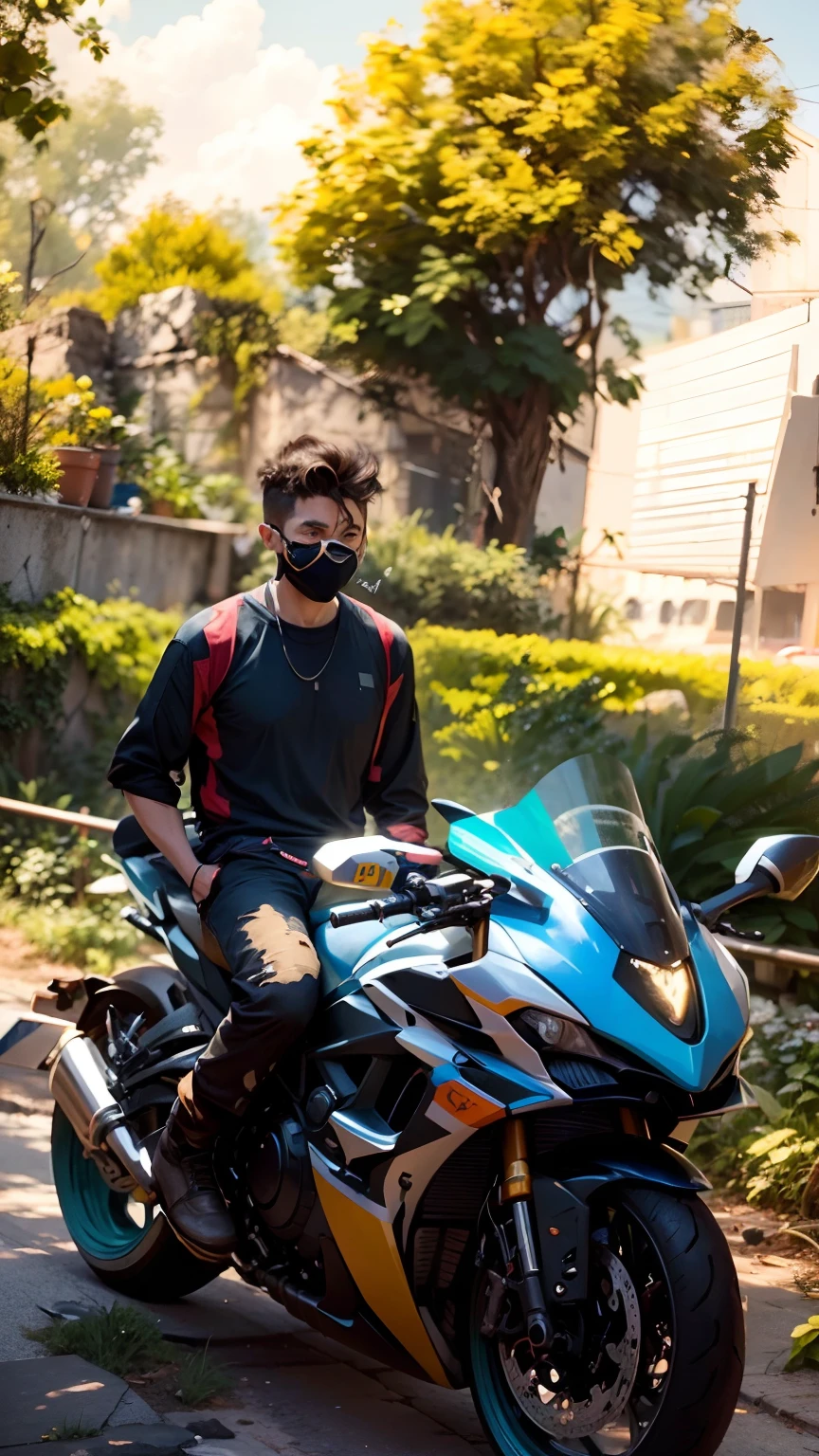 there is a young korea man sitting on a motorcycle on the street, biker, riding, motorbiker, without helmet, wearing helmet, sitting on a motorcycle, riding a motorcycle, avatar image, realism artstyle, riyahd cassiem, sitting on cyberpunk motorbike, front profile!!!!, motorcycle, motorbike, r6, random style, taken in 2 0 2 0, no helmet
