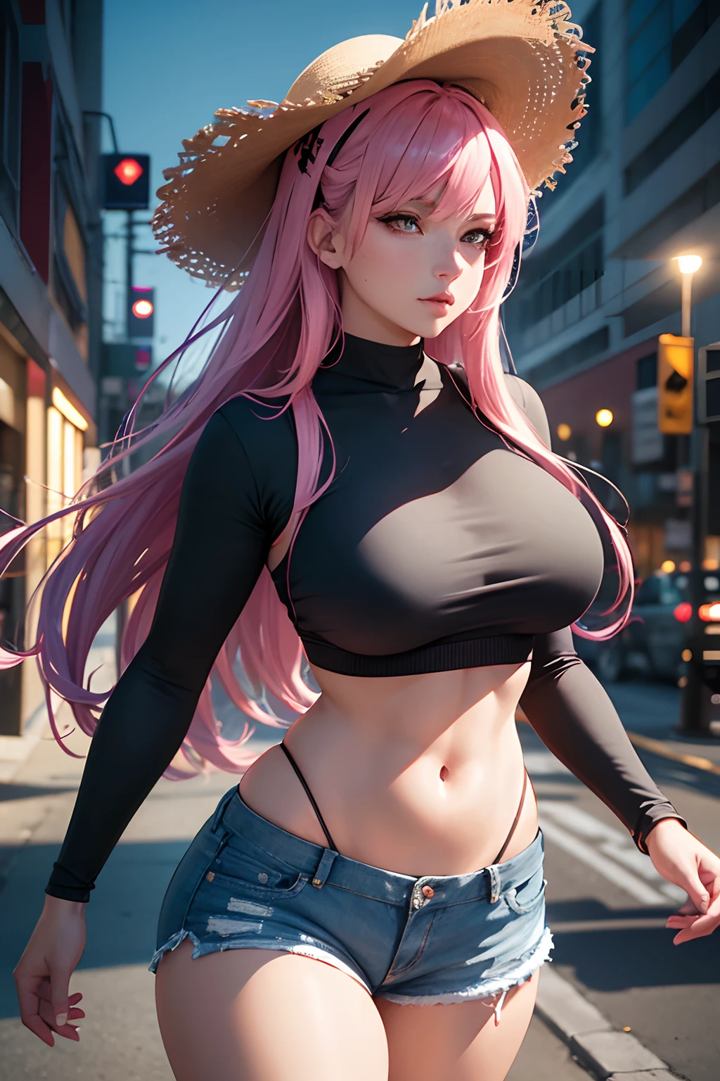 In a realistic professional and marketing photoshoot, capture the allure of a woman walking down a street, wearing ripped denim shorts. With ultra-realistic details in 8k quality, outline her figure against a luminous and bioluminescent backdrop. Enhance her look with a cowboy hat atop her head and a pink checkered t-shirt, accentuating her curves. Showcasing her confidence, highlight her ample assets. Embrace the essence of anime and comic book aesthetics to create a visually stunning image. --ar 16:9 --v 5.2