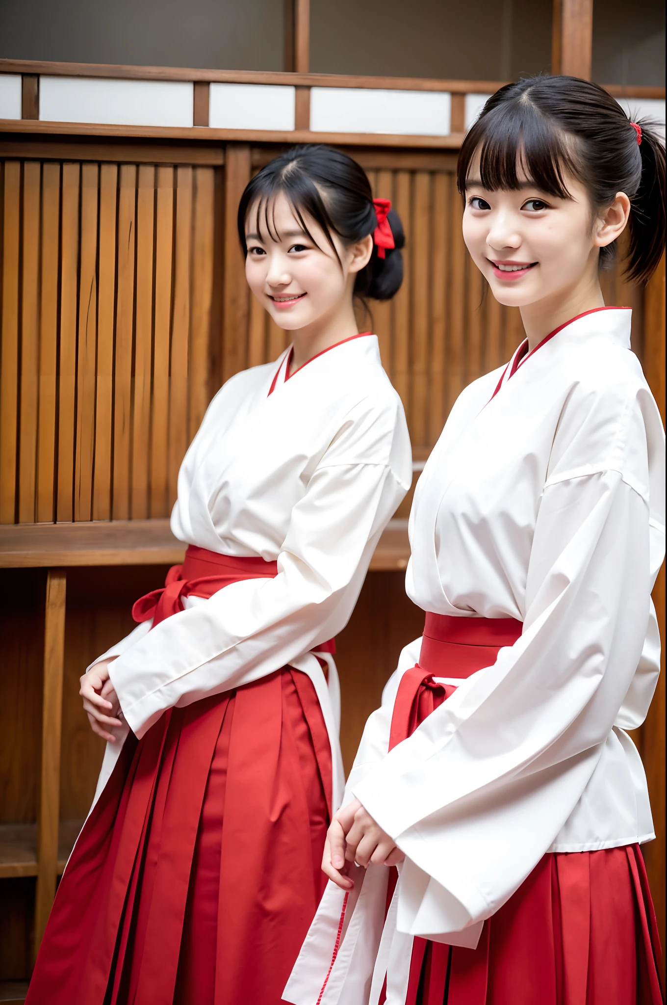 2 girls in Japanese shrine under sky,long-sleeved white hakama top and red hakama-bottom,hair accessories,18-year-old,bangs,a little smile,legs,short cut hair,low ponytail,from below,frontlighting