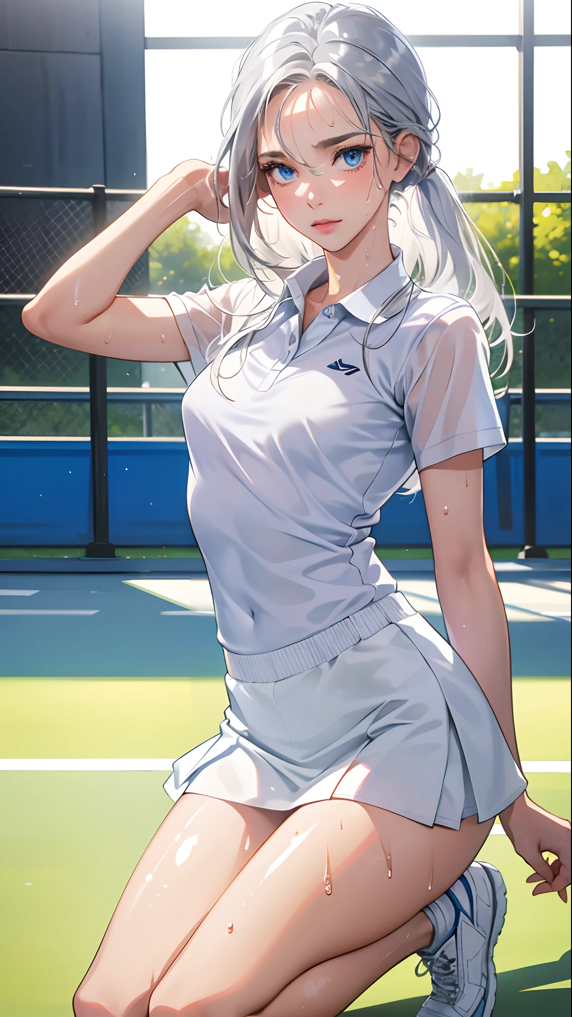 absurd, masterpiece, best quality, realistic, hyper-detailed, (shiny skin, sweaty:1.4), slender, looking at viewer, 1girl, solo, tennis wear, white polo shirt, white sneakers, white miniskirt, long hair, silver hair, blue eyes, (thick thighs:0.6), dynamic lighting, high resolution, sharp focus, depth of field, small breasts