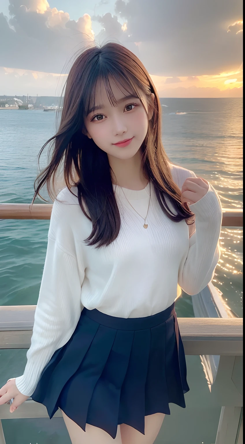 (cute beautiful , soft warm tone colors digital painting with light gradations, soft focus, best dynamic angle, sunrise backlight effects, high aesthetic, best quality, masterpiece, extremely detailed:1.2), (SFW), BREAK, girl has healthy skin and pretty smiling beauty neat face and glossy lips and silky bobbed softy black hair and glamor feminine body and there with extremely details and beautiful and charming and silhouette, standing on port, school uniform, port with sea side and some boats, early morning and breaking dawn with sunrise sky, blown wind