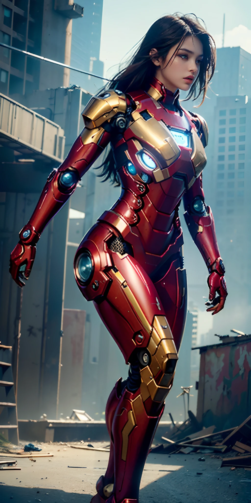 RAW, Masterpiece, Ultra Fine Photo,, Best Quality, Ultra High Resolution, Photorealistic, Sunlight, Full Body Portrait, Stunningly Beautiful,, Dynamic Poses, Delicate Face, Vibrant Eyes, (Side View) , she is wearing a futuristic Iron Man mech, red and gold color scheme, highly detailed abandoned warehouse background, detailed face, detailed and complex busy background, messy, gorgeous, milky white, high detailed skin, realistic skin details, visible pores , sharp focus, volumetric fog, 8k uhd, dslr camera, high quality, film grain, fair skin, photorealism, lomography, sprawling metropolis in futuristic dystopia, view from below, translucent