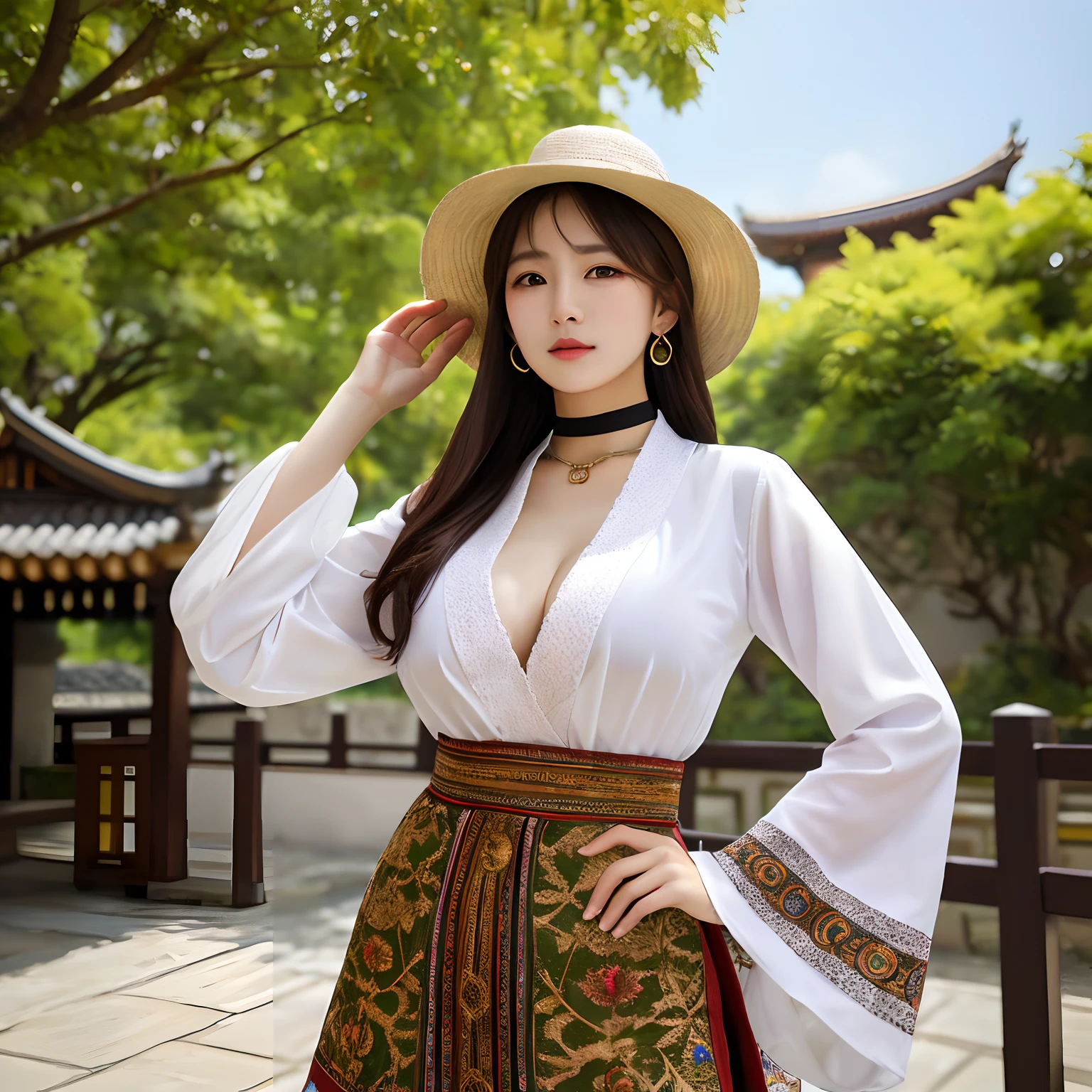 HDR,UHD,8K, best quality, masterpiece, absurdres,extremely detailed,
miaoyuansu, miao8, 1girl, solo, long sleeves, outdoors, long hair, upper body, hat, black hair, photo background, day, looking at viewer, shirtless, big breast, hand up, tree, realistic, white shirt, brown hair, hand on hip, architecture, traditional clothes, choker, east asian architecture, jewelry, necklace, water, blurry, fashion, white headwear, building, arm up, blurry background, layered sleeves, print shirt, leaf, standing,