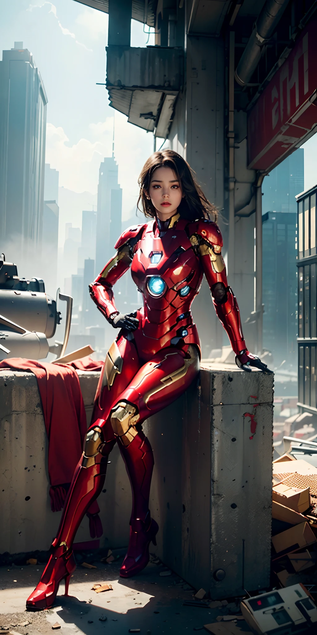 RAW, Masterpiece, Ultra Fine Photo,, Best Quality, Ultra High Resolution, Photorealistic, Sunlight, Full Body Portrait, Stunningly Beautiful,, Dynamic Poses, Delicate Face, Vibrant Eyes, (Side View) , she is wearing a futuristic Iron Man mech, red and gold color scheme, highly detailed abandoned warehouse background, detailed face, detailed and complex busy background, messy, gorgeous, milky white, high detailed skin, realistic skin details, visible pores , sharp focus, volumetric fog, 8k uhd, dslr camera, high quality, film grain, fair skin, photorealism, lomography, sprawling metropolis in futuristic dystopia, view from below, translucent