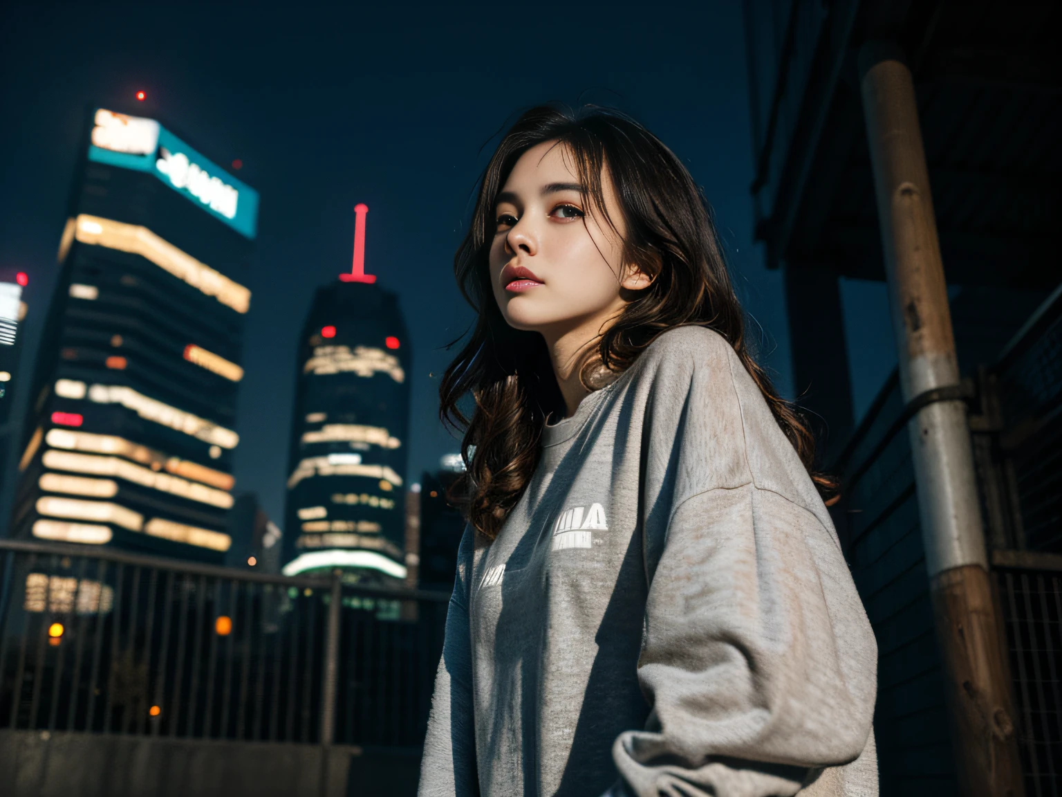 1girl, beautiful, wavy hair, almond eyes, no make up, grey sweatshirt, oversize_shirt, in front of fence, night city, cyberpunk vibes, close up, (from below:1.2), (photorealistic:1.2), (ultra realistic:1.3), (very detailed:1.1), ((masterpiece)),