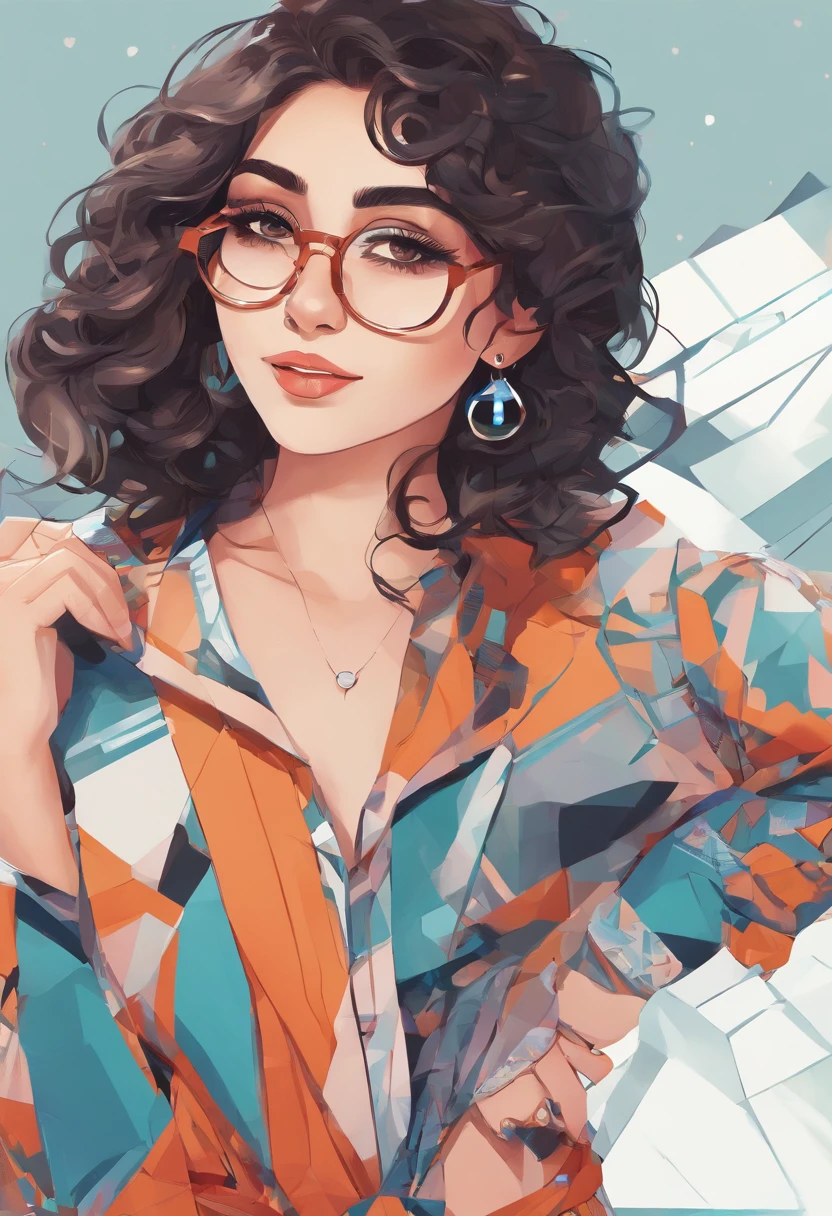 18 year old arabic girl, rounded glasses, big glasses, smiling, short messy hair, rounded eyes, dynamic pose, full body, big breasts