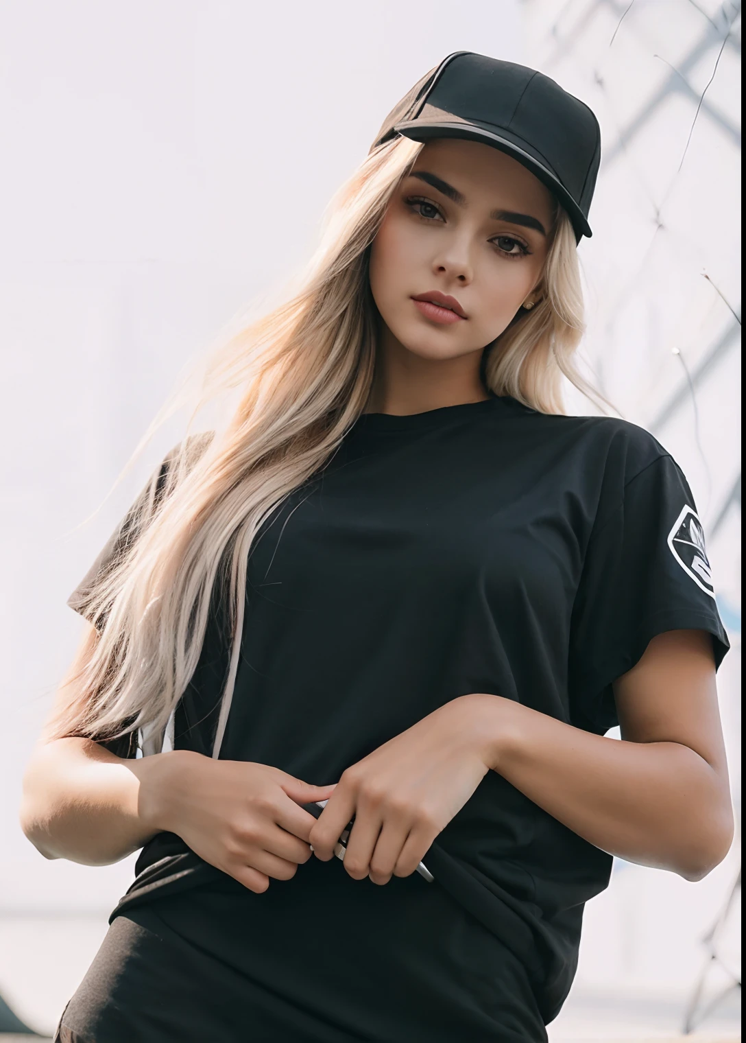 Woman in black shirt and hat standing on a skateboard, vestindo uma camiseta preta, vestindo camiseta preta, wearing black dress and hat, vestindo uma camiseta preta, mulher no streetwear, vestindo uma camisa preta, camiseta preta, roupas pretas, menina atraente, she is wearing streetwear, roupas pretas casuais, camisa preta, victoria siemer, infp mulher jovem