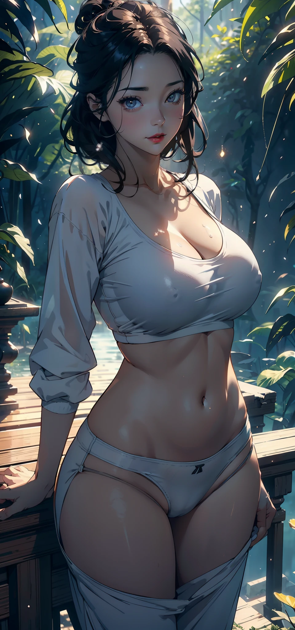 1female,45 yers old,Married Woman,熟妇,mature,plumw,extremely large bosom,Big breasts Thin waist,long leges, 独奏,(Background with:ln the forest,lotus flower,ponds) She has short black hair,bobo head,,seen from the front, Stand deep in the forest, mostly cloudy sky,(((tmasterpiece),(Very detailed CG unity 8K wallpaper),best qualtiy,cinmatic lighting,detailed back ground,beatiful detailed eyes,Bright pupils,Black eyes,Snow-whiteskin,Redlip(Very fine and beautiful),(Beautiful and detailed eye description),ultra - detailed,tmasterpiece,))facing at camera,A high resolution,ultra - detailed),revealing breasts,Bare genitalia, Bulge,legs are open,Raised sexy,Camel toes,Flushed complexion,Desire for dissatisfaction,frontage,athlete(Wearing:oversized boobs,drooping chest,nakeness,Sweatshirt,Transparent yoga pants,)
