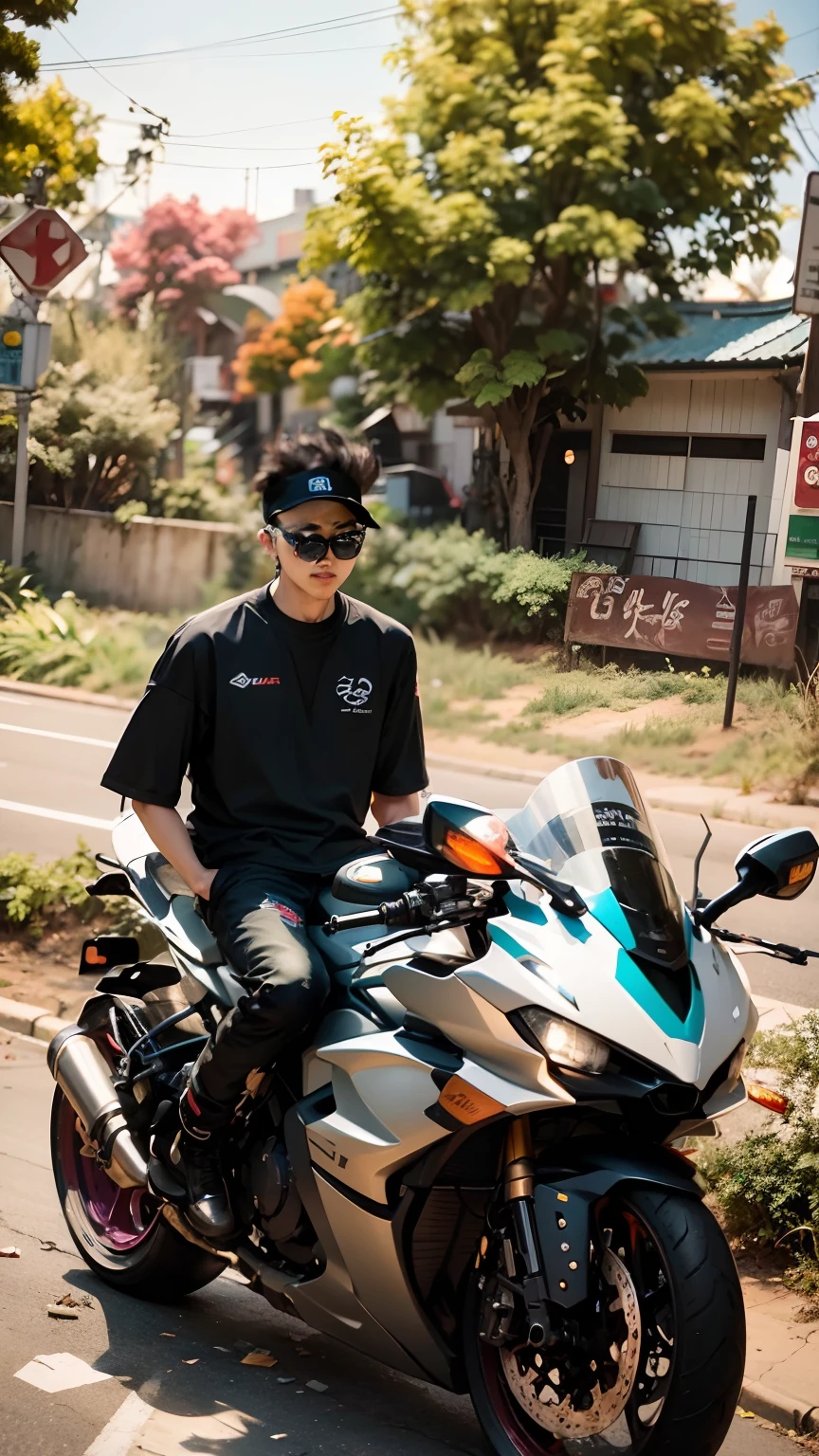 there is a young korea man sitting on a motorcycle on the street, biker, riding, motorbiker, without helmet, sitting on a motorcycle, riding a motorcycle, avatar image, realism artstyle, riyahd cassiem, sitting on cyberpunk motorbike, front profile!!!!, motorcycle, motorbike, r6, random style, taken in 2 0 2 0, no helmet