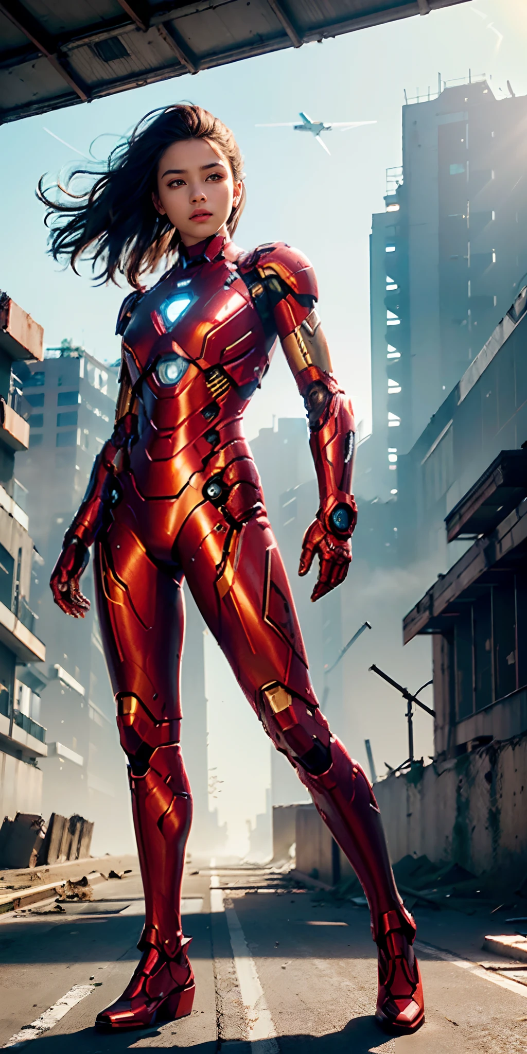 RAW, Masterpiece, Ultra Fine Photo,, Best Quality, Ultra High Resolution, Photorealistic, Sunlight, Full Body Portrait, Stunningly Beautiful,, Dynamic Poses, Delicate Face, Vibrant Eyes, (Side View) , she is wearing a futuristic Iron Man mech, red and gold color scheme, highly detailed abandoned warehouse background, detailed face, detailed and complex busy background, messy, gorgeous, milky white, high detailed skin, realistic skin details, visible pores , sharp focus, volumetric fog, 8k uhd, dslr camera, high quality, film grain, fair skin, photorealism, lomography, sprawling metropolis in futuristic dystopia, view from below, translucent