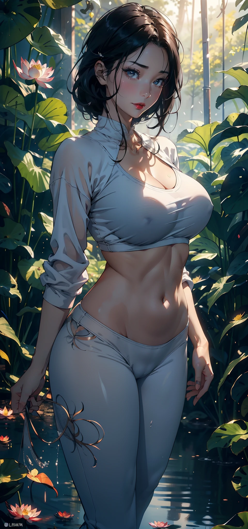 1female，45 yers old，Married Woman，熟妇，mature，plumw，extremely large bosom，Big breasts Thin waist，long leges， 独奏，（Background with：ln the forest，lotus flower，ponds） She has short black hair，bobo head，，seen from the front， Stand deep in the forest， mostly cloudy sky，（（（tmasterpiece），（Very detailed CG unity 8K wallpaper），best qualtiy，cinmatic lighting，detailed back ground，beatiful detailed eyes，Bright pupils，Black eyes，Snow-whiteskin，Redlip（Very fine and beautiful），（Beautiful and detailed eye description），ultra - detailed，tmasterpiece，））facing at camera，A high resolution，ultra - detailed），revealing breasts，Bare genitalia，  Bulge，legs are open，Raised sexy，Camel toes，Flushed complexion，Desire for dissatisfaction，frontage，athlete（Wearing：oversized boobs，drooping chest，nakeness，Sweatshirt，Transparent yoga pants，）