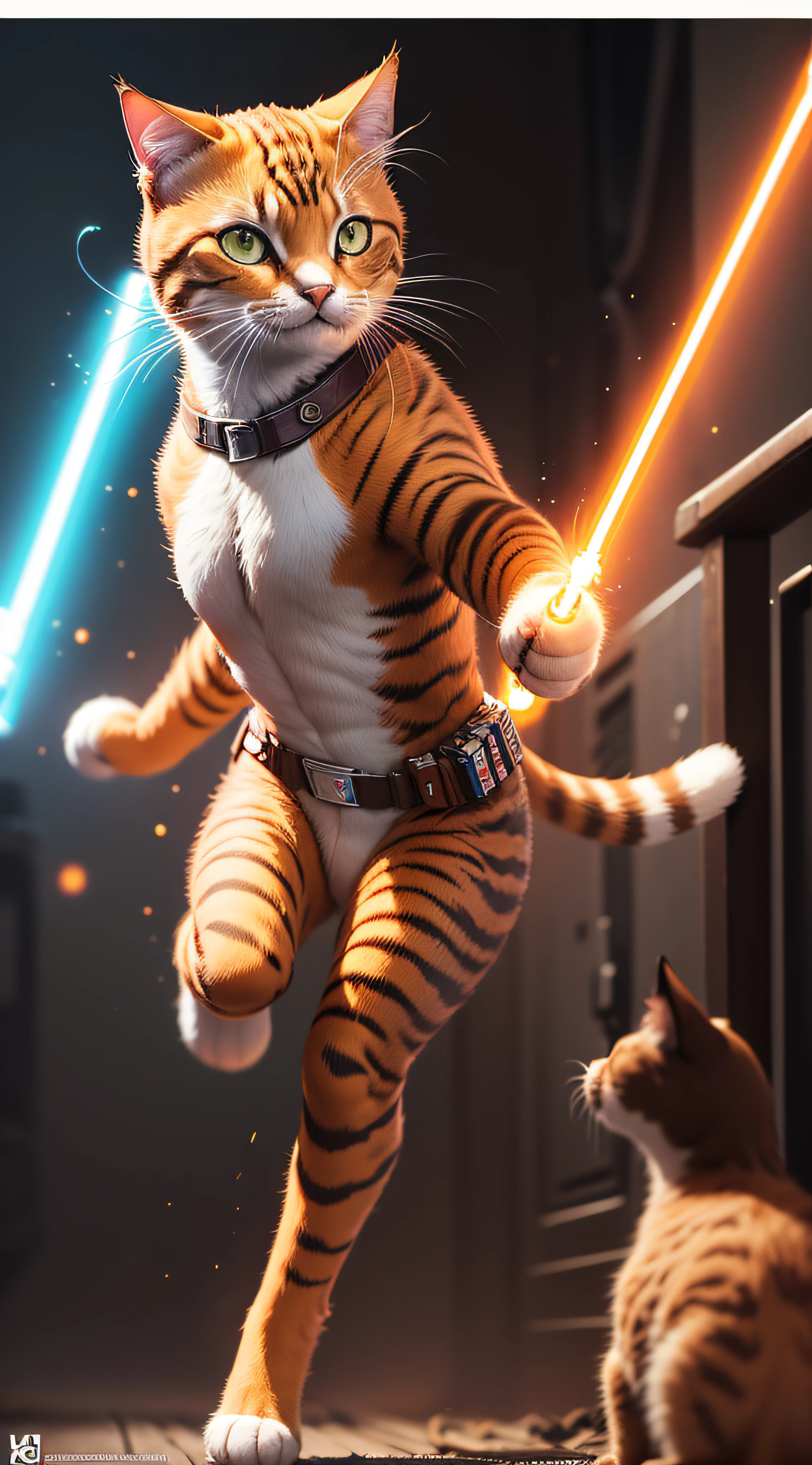 Flerken (cat Goose orange)  lightsaber fighter, Jedi Master [Star Wars], skillful, Avengers companion, Jedi companion, bold and fearless, [cosmic powers], [Force power] (best quality, 8k, masterpiece: 1.2), ultra-detailed, (realistic, photorealistic, photo-realistic: 1.37) Bright colors, dynamic lighting.