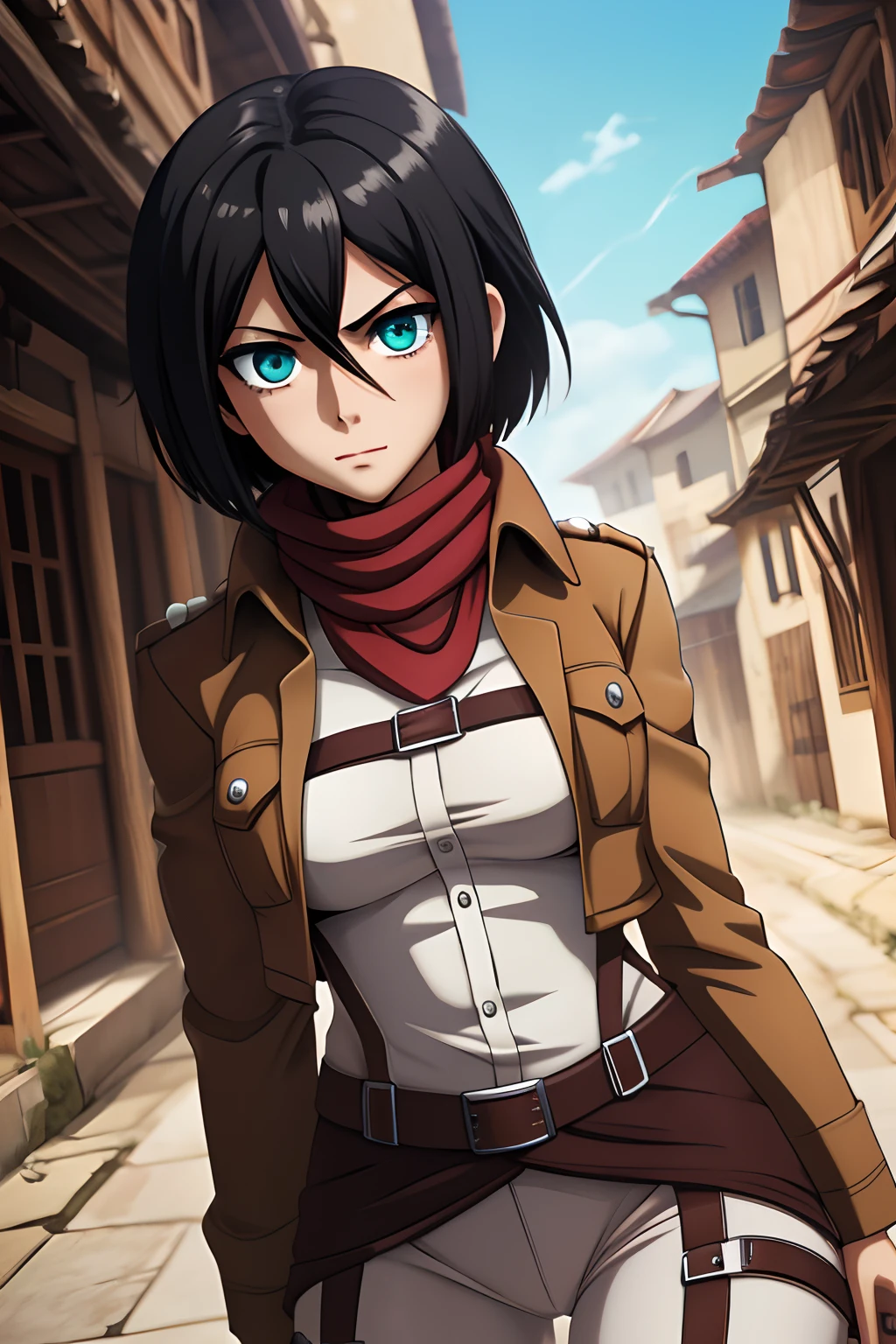 mikasa ackerman, Attack on Titan character, Black short hair with long bangs, Beautiful cute face, Charming, sexy facial expressions, Facing the camera, ((A white)), Skin color: white, Body glare, ((Beautiful Female Eyes)), Cyan eyes, ((Perfect Sexy Figure)), Ideal body shapes, big thighs, ((Subtle and beautiful)), Sexy Fighting Stance, ((Attack on Titan Apparel, Sexy Cadet Corps Member Clothing, red scarf around the neck)), background:Paradise, Shiganshina, Medieval City, Depth of field, ((ultra quality)), ((tmasterpiece)), clear image, crisp details, Realistic, Professional Photo Session, Clear Focus, the anime, Colorfully drawn, NSFW