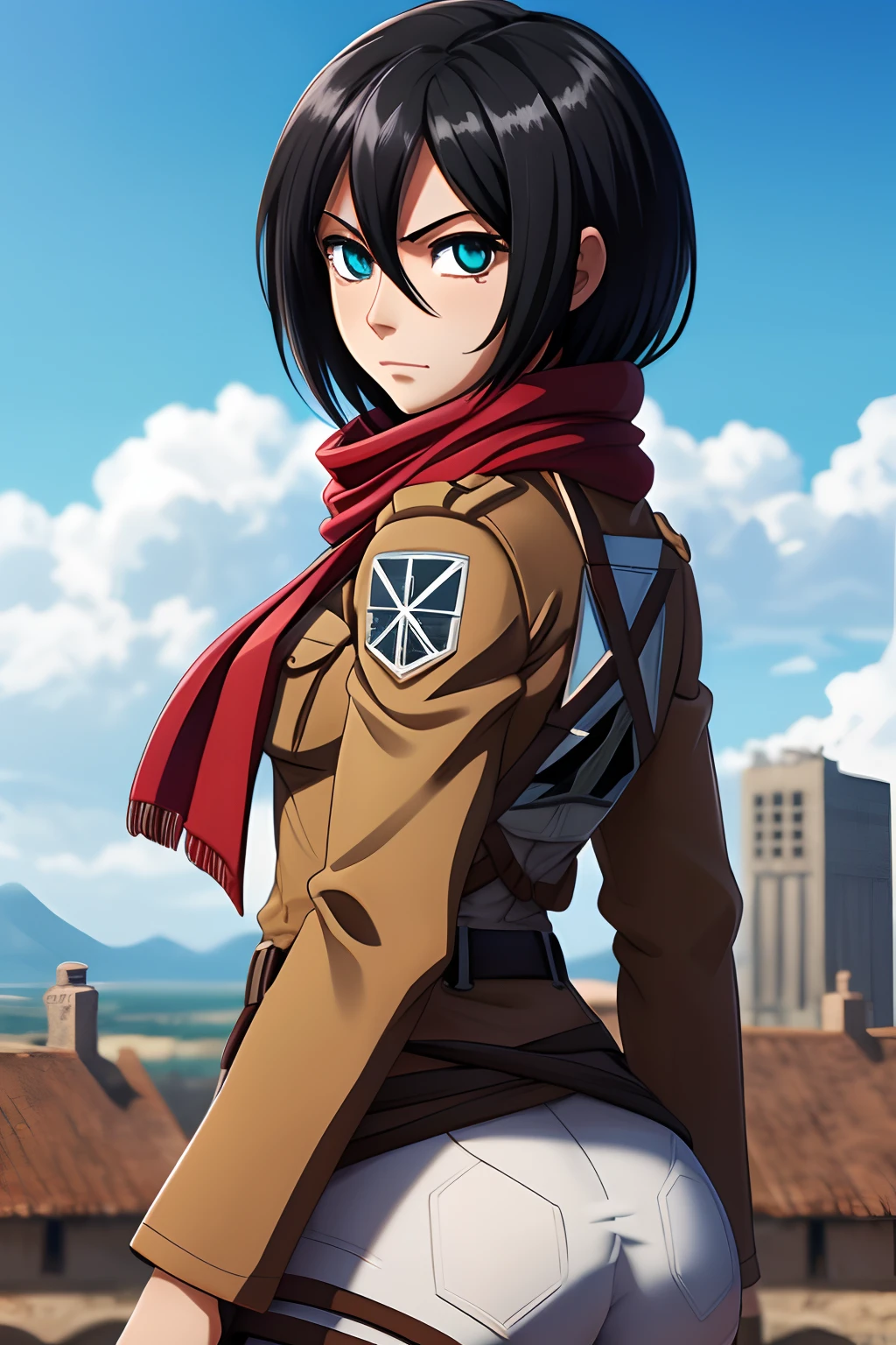 mikasa ackerman, Attack on Titan character, Black short hair with long bangs, Beautiful cute face, Charming, sexy facial expressions, Facing the camera, ((A white)), Skin color: white, Body glare, ((Beautiful Female Eyes)), Cyan eyes, ((Perfect Sexy Figure)), Ideal body shapes, big thighs, ((Subtle and beautiful)), Sexy Fighting Stance ((seen from behind)), Full-length, ((Attack on Titan Apparel, Sexy Cadet Corps Member Clothing, red scarf around the neck)), background:Paradise, Shiganshina, Medieval City, Depth of field, ((ultra quality)), ((tmasterpiece)), clear image, crisp details, Realistic, Professional Photo Session, Clear Focus, the anime, Colorfully drawn, NSFW