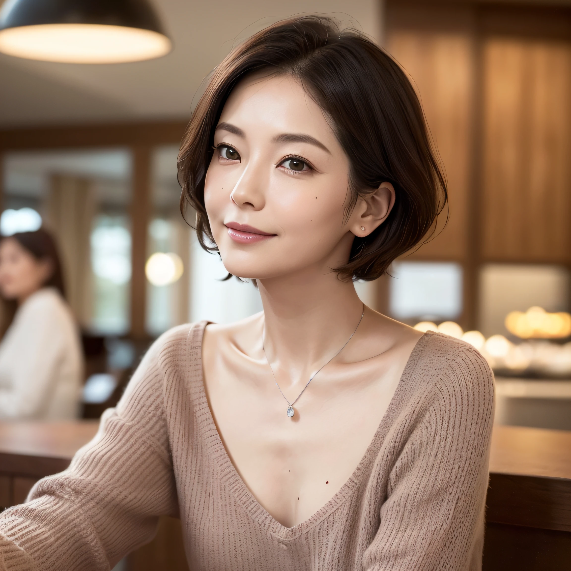 (8K, top-quality, masterpiece:1.3, 超A high resolution, A hyper-realistic), High Detail, (Face like the real thing), Photorealsitic, Raw foto, ((one beautiful women)), Detailed face, beautidful eyes, realisticeyes, Eyes in Beautiful Details, (real looking skin), Beautiful skins, enticing, depth of fields, hight resolution, High pixel count, ((Sideways face, Looking away, Don't look your audience in the eye, Don't look at the camera)), fashionable cafe, The background is also in the picture, clear details, sharp photo, Natural color reproduction, Noise Reduction, High fidelity, Small pendant in silver color, A small necklace in silver color, (Wine-colored light knit U-neck shirt, Neat and clean clothing, Clothing that makes it difficult to see the chest, Clothing that makes it difficult to see the chest, Clothes with hidden breasts), small tits, Sexy lips, Ears are visible, a smile, kindly smile, Beautiful skins, enticing, the golden ratio, (Detal Face:1.2), profetional lighting, Lighting the face, best light, japanes, A Japanese Lady, Japan Mature Woman, a matural female, Short Bob Hair, ((sixty years old, Beautiful, Wrinkles on the face, Wrinkles at the corners of the eyes, Nasolabial fold wrinkles, Small wrinkles, Beautiful, Beautiful Aunt, Moderate moles, Small mole on the face))