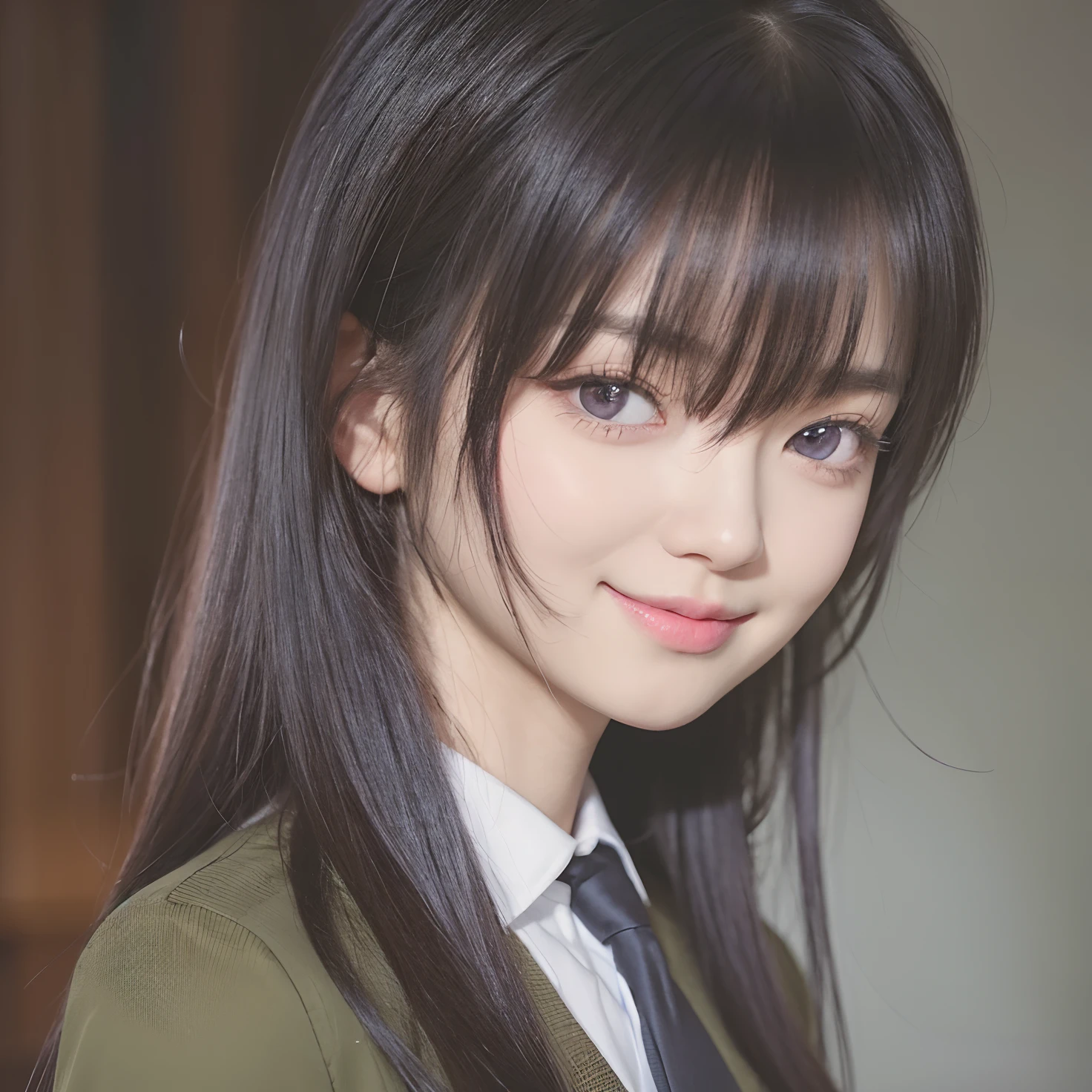 A girl with realistic long black hair, exactly the same hairstyle, realistic purple eyes, realistic beautiful face, realistic thin smiling expression, adapt the exact same clothes,Realistic light, realistic shadows, realistic background