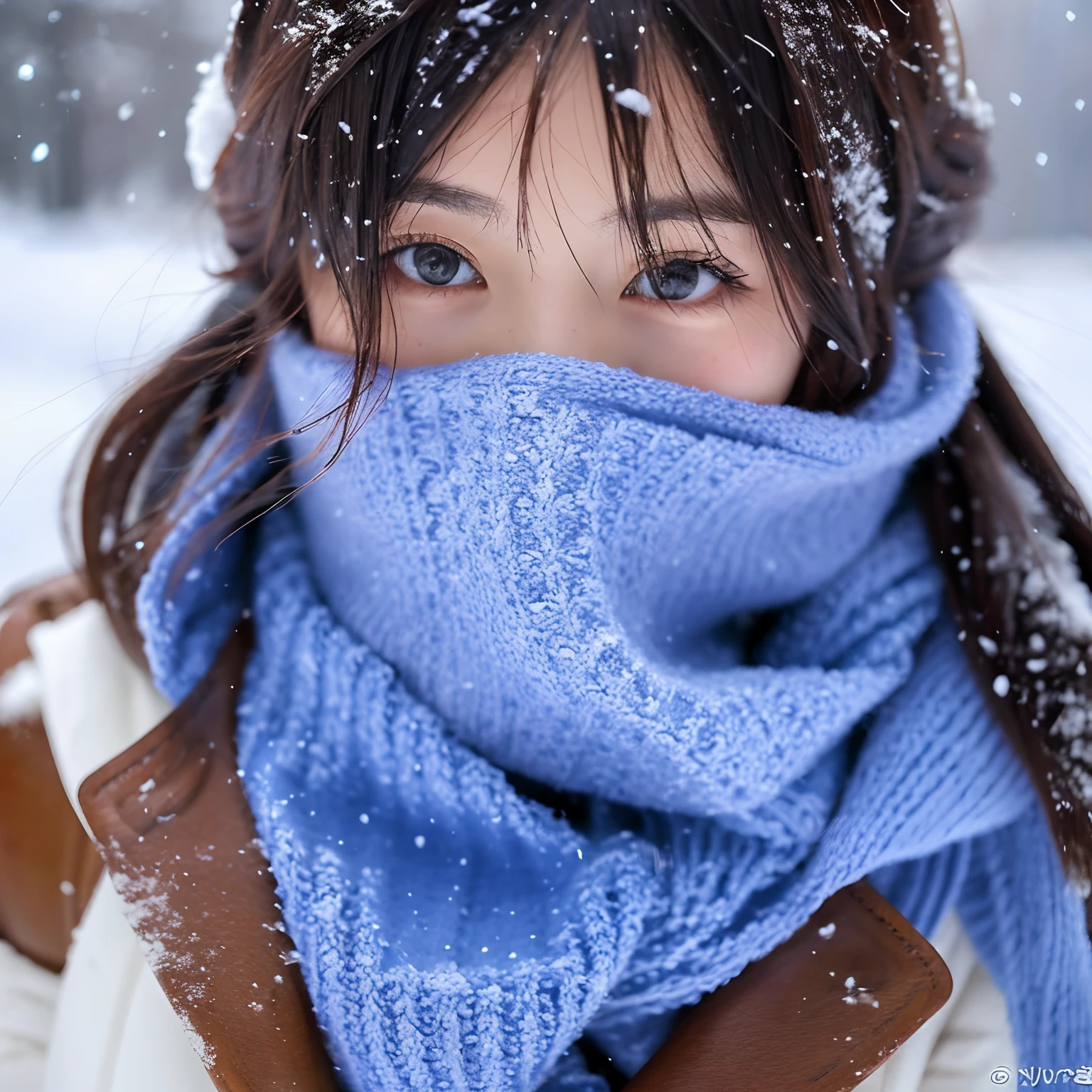 In a blizzard、Japan woman shivering coldly in micro miniskirt with face buried in a snow-covered scarf