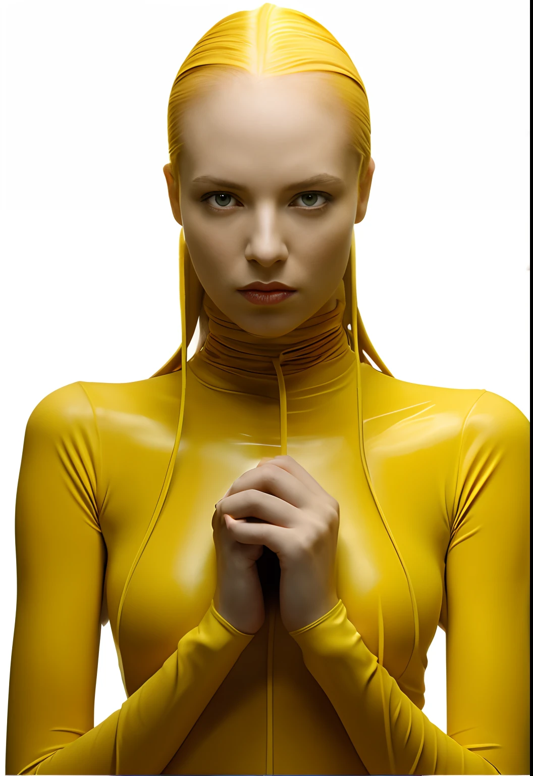 **woman in yellow bizzare elastic rubber high neck, Praying pose, looking slightly upward,twin ponytail hairstyle, yellow palette,new photos by cara mckenzie photojournalist of the day, Gottfriedÿ Helnwein, RF28-70mmf2, f/1.6, symmetrical,Shooting in Raw format, ebru sidar, gothic dark and ornate,Surrealism with an edge, 8k resolution