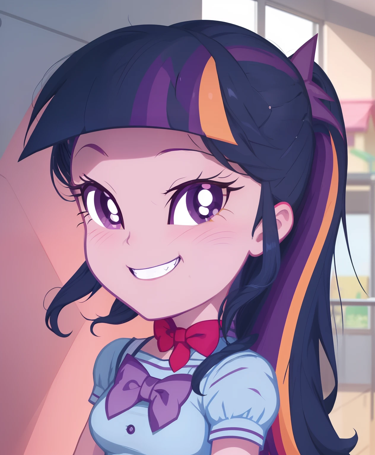 a close up of a cartoon girl with long hair and a bow, twilight sparkle, cool twilight, dark cool twilight, giddy smirk, her hair is in a pony tail, twilight ray, mlp, equestria, nefarious smirk, confident smirk, she has two ponytails, cutie mark, fim still, slightly smirking, twlight