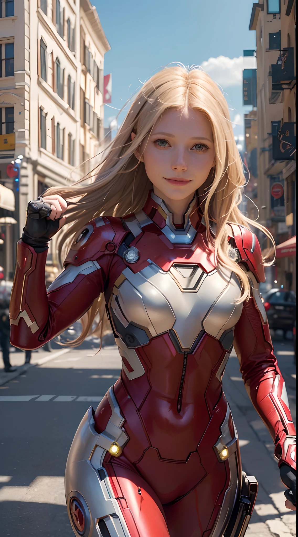 1girl, Gwyneth Paltrow as  Ironman (from marvel studios), red Ironman suit (holding your helmet), smile, look at viewer, (masterpiece, best quality, detailed cloth texture, beautiful detailed face, intricate details, ultra detailed),  blonde hair, dynamic pose, (random angles), (Best quality, A high resolution, Photorealistic, primitive, buildings destroyed, abstract background, (8K,Masterpiece, ),Best quality, Masterpiec8K.hdr. High ribs:1.2, filmgrain, Blur bokeh:1.2, Lens flare, (vivd colour:1.2), (Delicate),