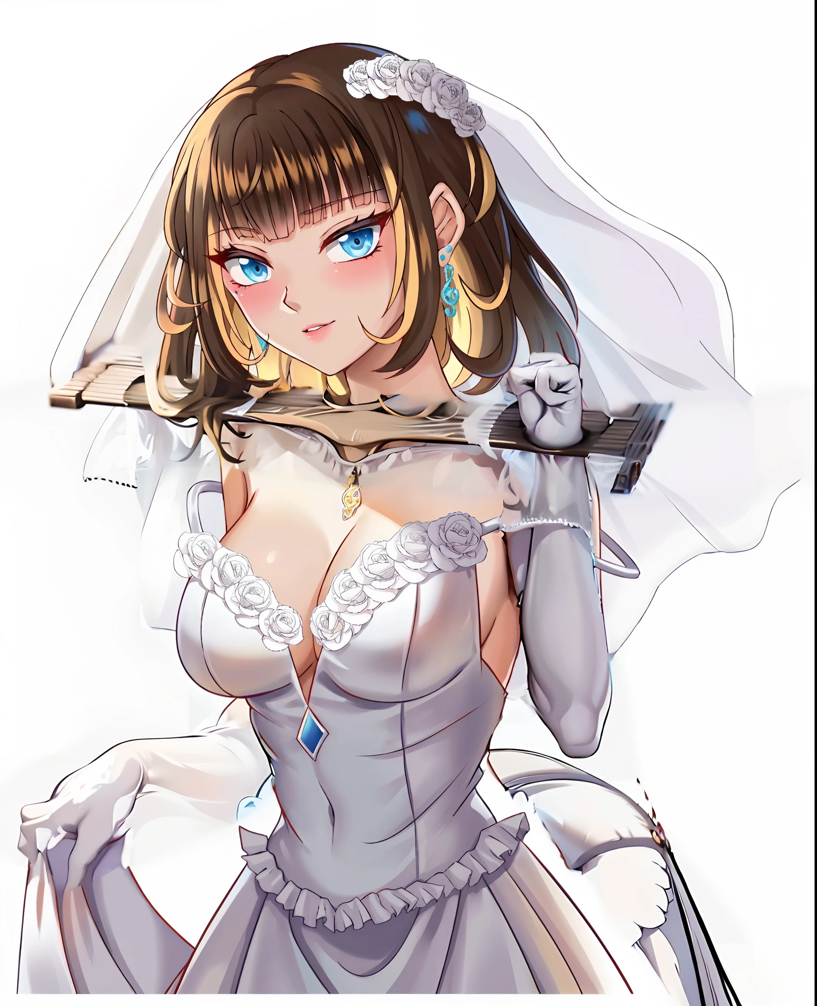 Close-up of a beautiful bride wearing a beautiful wedding dress, Gurwitz,(Pillory:1.5), (flail:1.2), flail on the head, flail on the hands,(bridal veil: 1.5), (transparent short veil: 1.5), flushed face, head flower, tiara, Very detailed princess wedding dress,(tube wedding dress: 1.5), (silk dress: 1.2 ), (strapless wedding dress: 1.5), (floor length skirt:1.2), pure white dress,white long skirt, necklace, earrings, (huge breasts: 1.3), deep V heart-neck wedding dress, bangs, lipstick, (lace gloves: 1.3), high detail RAW Color art,