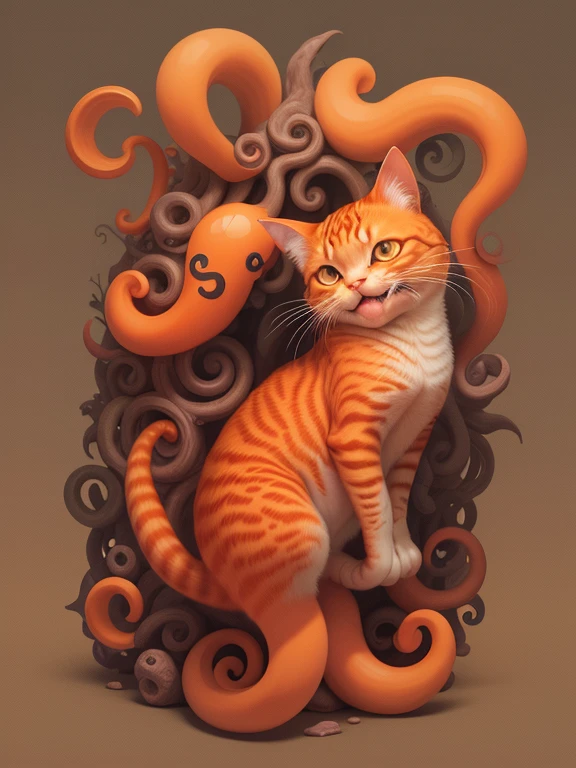 there is an orange cat with an octopus in its mouth, shaped tongue, teths and tentacles, many suckered tentacles. cat detailed