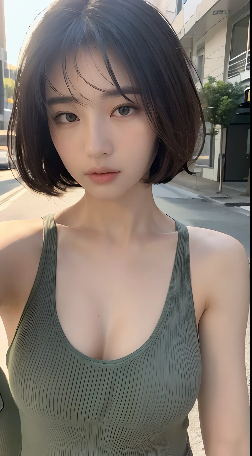 ((Best quality, 8K, Masterpiece :1.3)), Sharp focus :1.2, Pretty Women with Perfect Figure :1.4, Slender abs :1.2, ((layered haircuts, Big breasts :1.2)), (Tank top shirt :1.1), (street :1.2), Highly detailed face and skin texture, Detailed eyes, 二重まぶた,