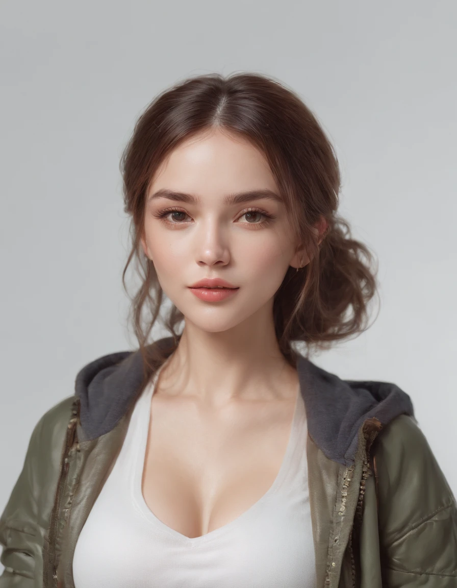 Perfect centering arrangement, Cute girls all over, Wear a student varsity jacket, Wear sunglasses, Wearing headphones, cheerfulness, Standing position, abstract beauty, centered, looking at the camera, facing camera, Approaching perfection, dynamic, moon light, high-detail, digital painting, art station, Concept Art, smooth, crisp focus, 10, high-res, illustration, Art by Carne Griffiths and Wadim Kashin, White background, LARGE BREASTS