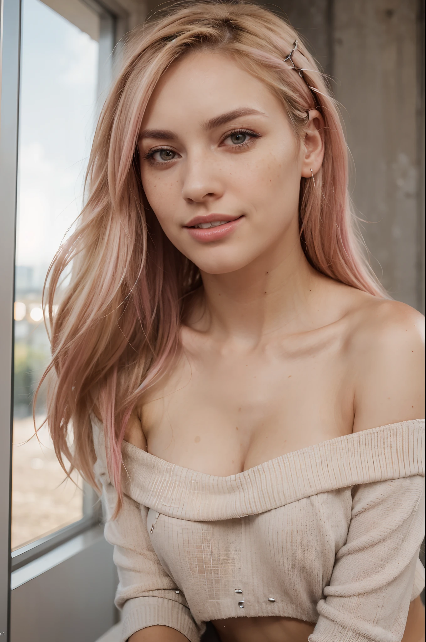 Hyper realistic, ultra detailed photograph of a woman with messy blond hair (pink highlights) wearing an off shoulder slim sweter, mature face, laughing out loud and dancing, sunlight fractal details, depth of field, detailed gorgeous face, natural body posture, captured with a 85mm lens, f4.6, bokeh,ultra detailed, ultra accurate detailed, bokeh lighting, surrealism, urban settin, ultra unreal engine, intricate, epic, freckles