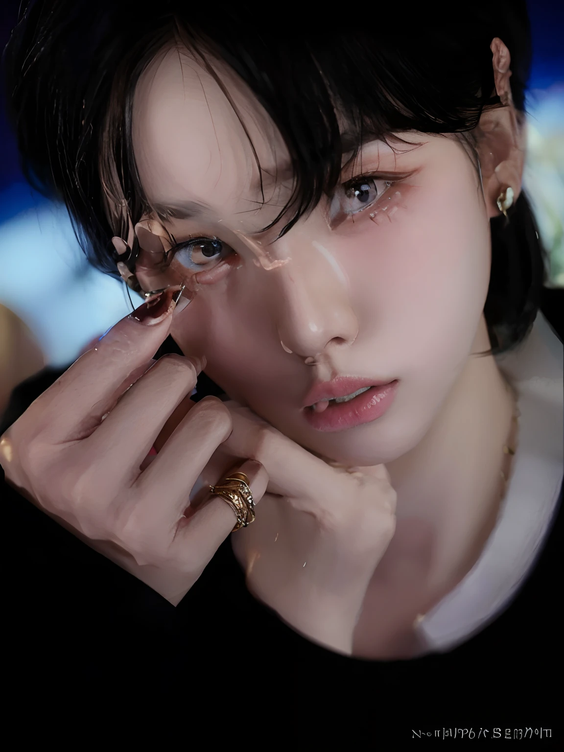 Arafed asian woman with tattoos on her hands and a ring on her finger, Cai Xukun, jungkook, Kim Doyoung, Jinyoung Shin, Hyung Tae, Taejune Kim, Aesthetics of Jinyoung Shin, inspirado por Bian Shoumin, Penetrante ojos claros, Wonbin Lee, Ulzzang masculino, Key anime images, penetrantes ojos brillantes, Hong June Hyung