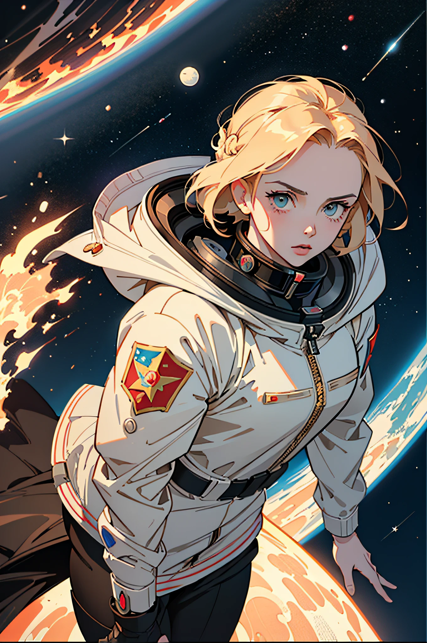 shepardic poster of a woman in a space suit with a star on her head, portrait anime space cadet girl, artgerm jsc, jen bartel, girl in space, soviet propaganda poster style, portrait armored astronaut girl, soviet propaganda art, soviet propaganda style, soviet propaganda, artwork in the style of guweiz, sergey zabelin, cosmonaut