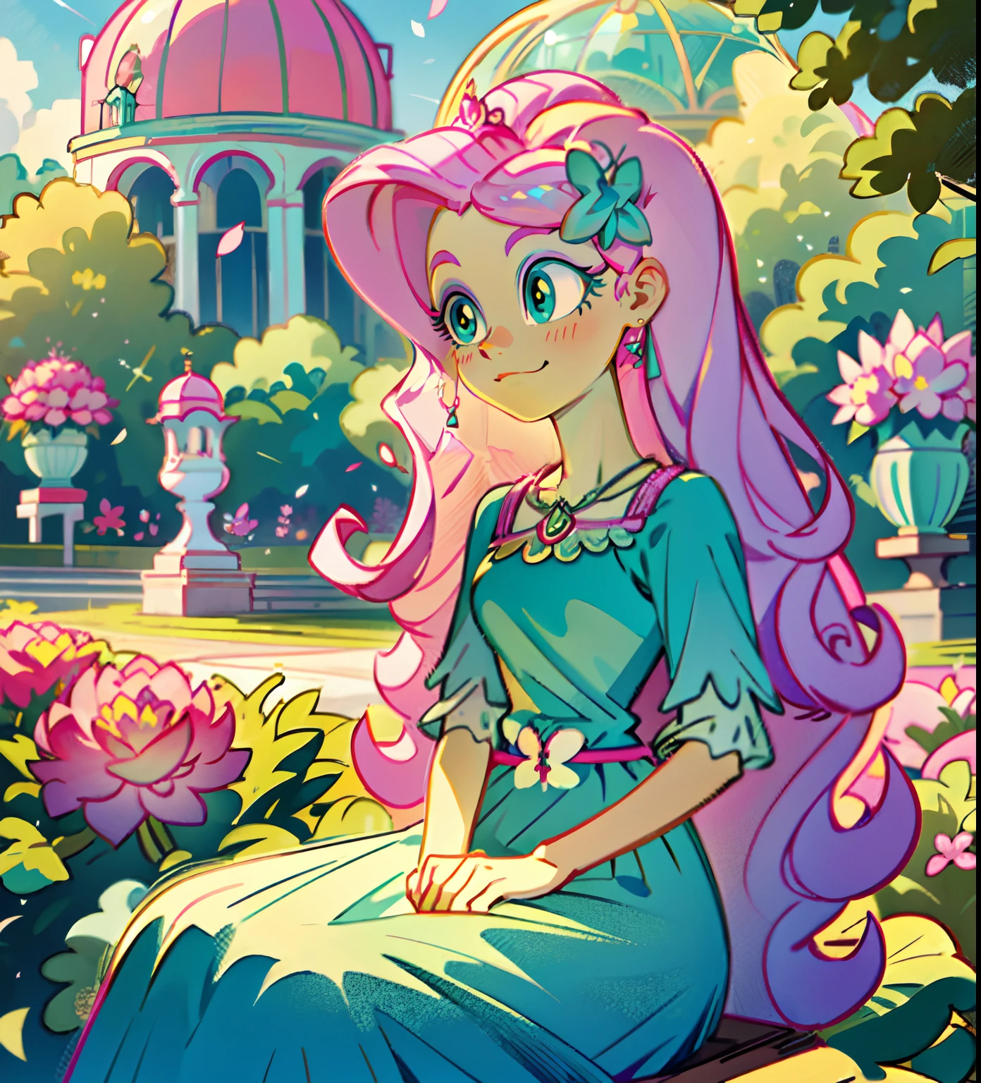 Fluttershy, fluttershy from my little pony, fluttershy in the form of a girl, lush breast, pink long wavy hair, soft smile, flowers, butterflies, (top quality, masterpiece, ultra-realistic), rainy day, raining, indoor in a green botanical garden, dome, lots of flowers, dense mass plants, the background landscape is a garden with petals, Dahlia peony flowers everywhere, turquoise eyes, turquoise eyeshadow, green dress, butterfly hair clip, detailed lighting, sunlight, yellow pure light, sitting, heavenly plants, hanging flower pots, pink and green flowers everywhere, flower crown, green glass dome, extremely long hair, (light yellow skin 1.5), yellow pony ears, golden lighting