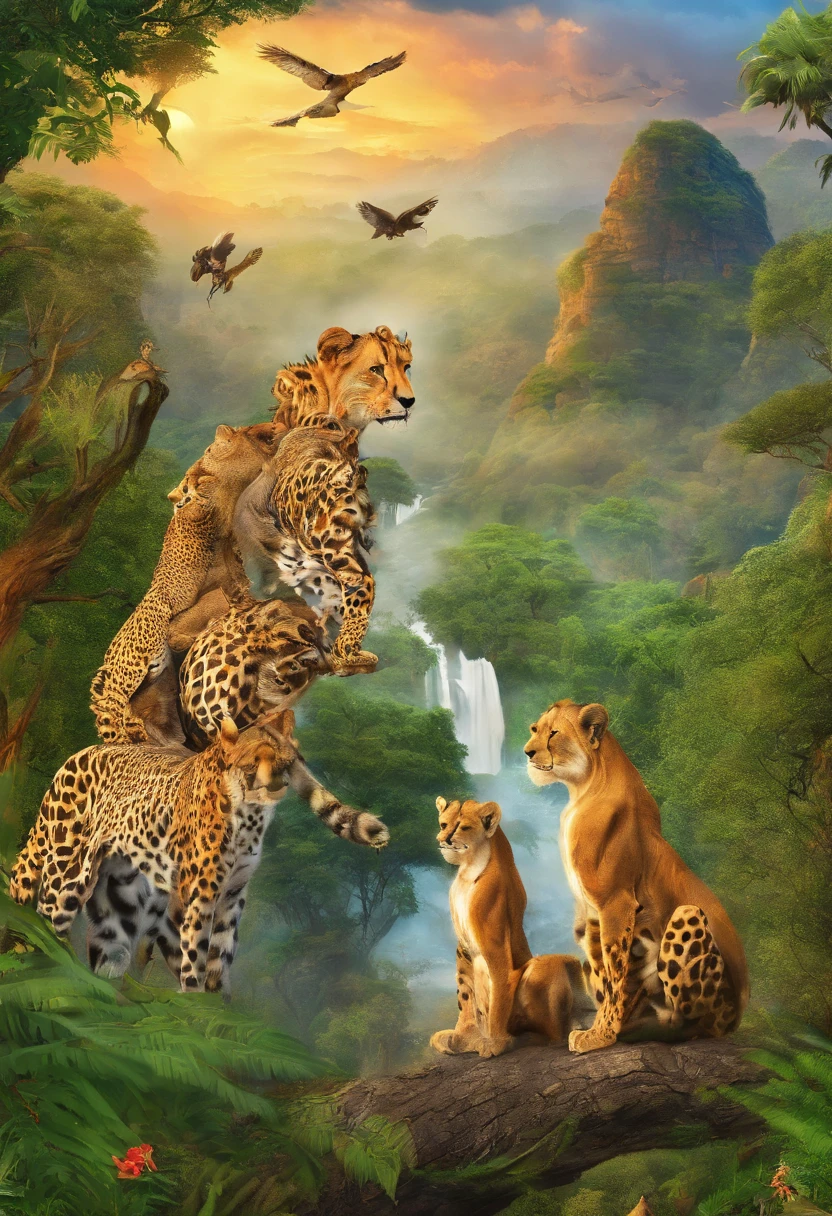 highres,painting,animals,natural,simple,raw,wildlife,raw nature,colorful,forest,savannah,African animals,unspoiled landscapes,biodiversity,untouched beauty,diversity of species,endangered species,harmony of nature and animals,safari wildlife,African safari,jungle sounds,roaring lions,splendid elephants,majestic giraffes,graceful zebras,swift cheetahs,playful monkeys,exotic birds,rich vegetation,rivers and waterfalls,mountain ranges,serenity and tranquility,sunrise and sunset over the savannah,dreamlike landscapes,mother nature's wonders.