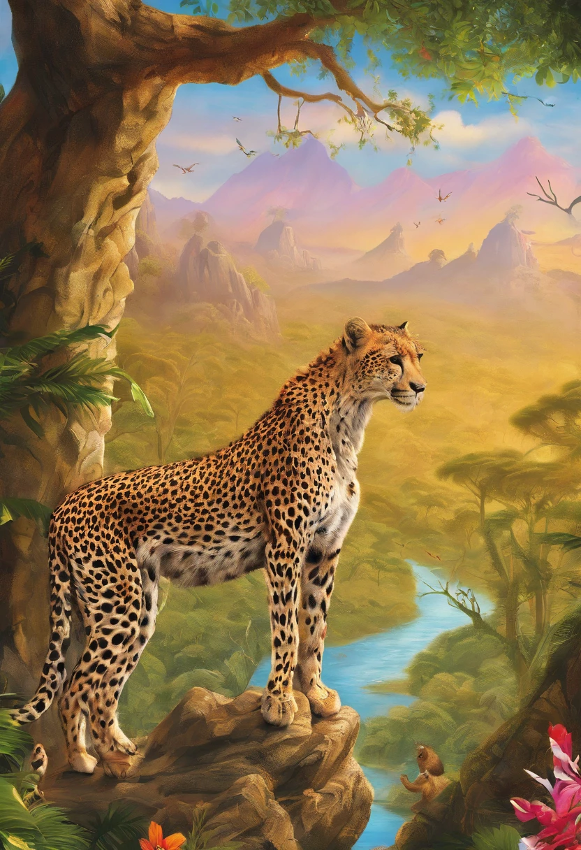 highres,painting,animals,natural,simple,raw,wildlife,raw nature,colorful,forest,savannah,African animals,unspoiled landscapes,biodiversity,untouched beauty,diversity of species,endangered species,harmony of nature and animals,safari wildlife,African safari,jungle sounds,roaring lions,splendid elephants,majestic giraffes,graceful zebras,swift cheetahs,playful monkeys,exotic birds,rich vegetation,rivers and waterfalls,mountain ranges,serenity and tranquility,sunrise and sunset over the savannah,dreamlike landscapes,mother nature's wonders.