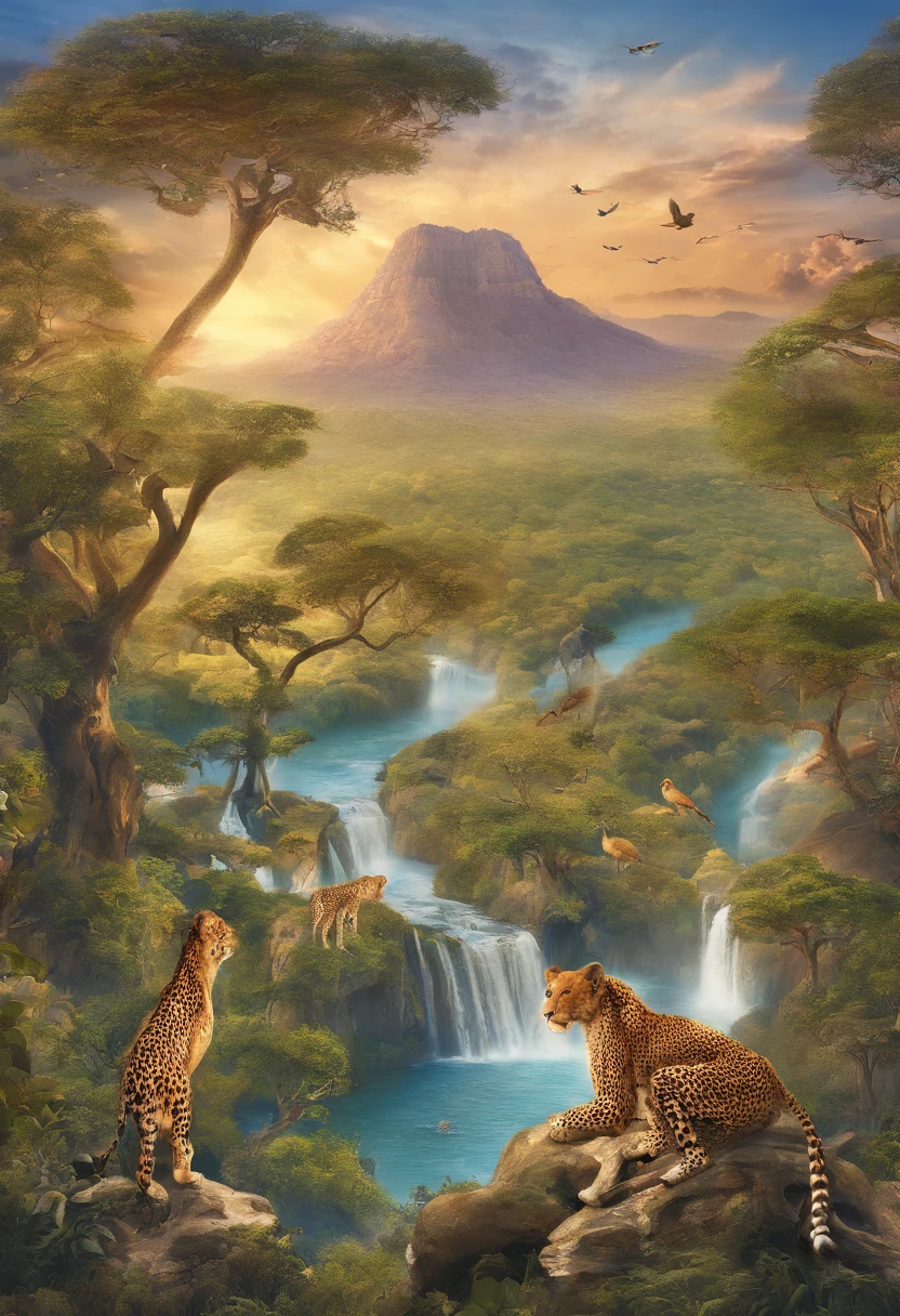 highres,painting,animals,natural,simple,raw,wildlife,raw nature,colorful,forest,savannah,African animals,unspoiled landscapes,biodiversity,untouched beauty,diversity of species,endangered species,harmony of nature and animals,safari wildlife,African safari,jungle sounds,roaring lions,splendid elephants,majestic giraffes,graceful zebras,swift cheetahs,playful monkeys,exotic birds,rich vegetation,rivers and waterfalls,mountain ranges,serenity and tranquility,sunrise and sunset over the savannah,dreamlike landscapes,mother nature's wonders.
