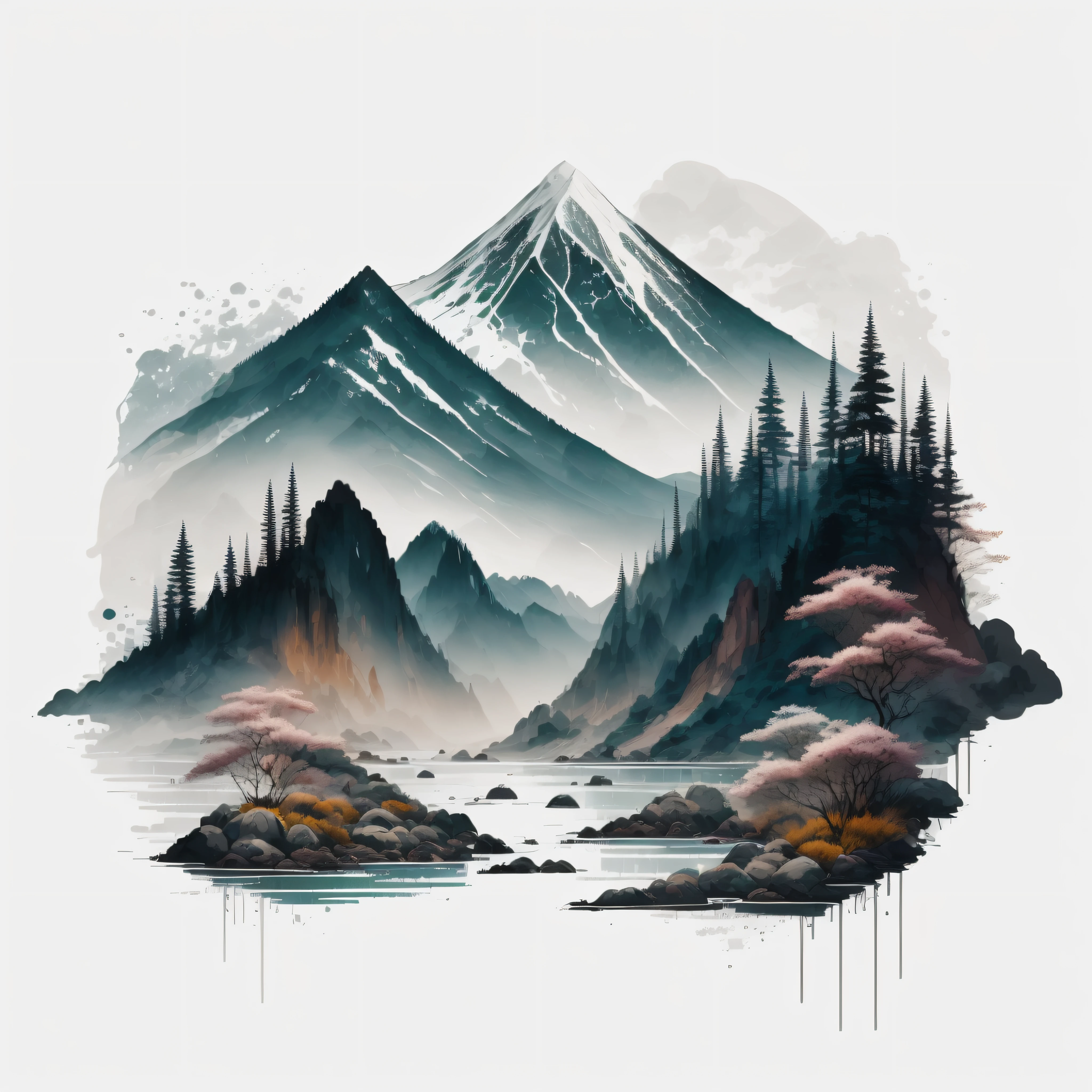 white background, landscape, paint, mountains, water, trees, t-shirt design, vector art