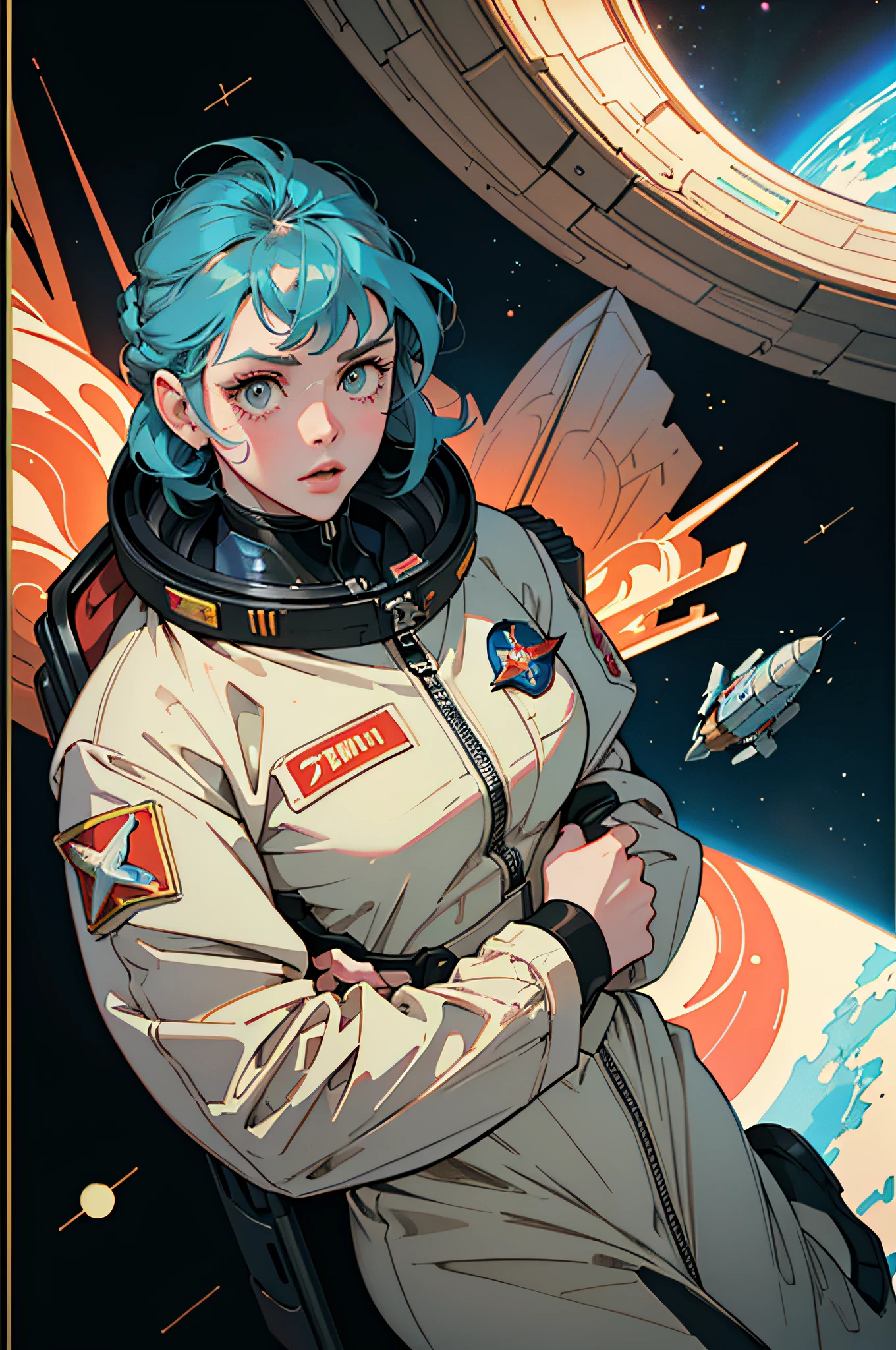 shepardic poster of a woman in a space suit with a star on her head, portrait anime space cadet girl, artgerm jsc, jen bartel, girl in space, soviet propaganda poster style, portrait armored astronaut girl, soviet propaganda art, soviet propaganda style, soviet propaganda, artwork in the style of guweiz, sergey zabelin, cosmonaut