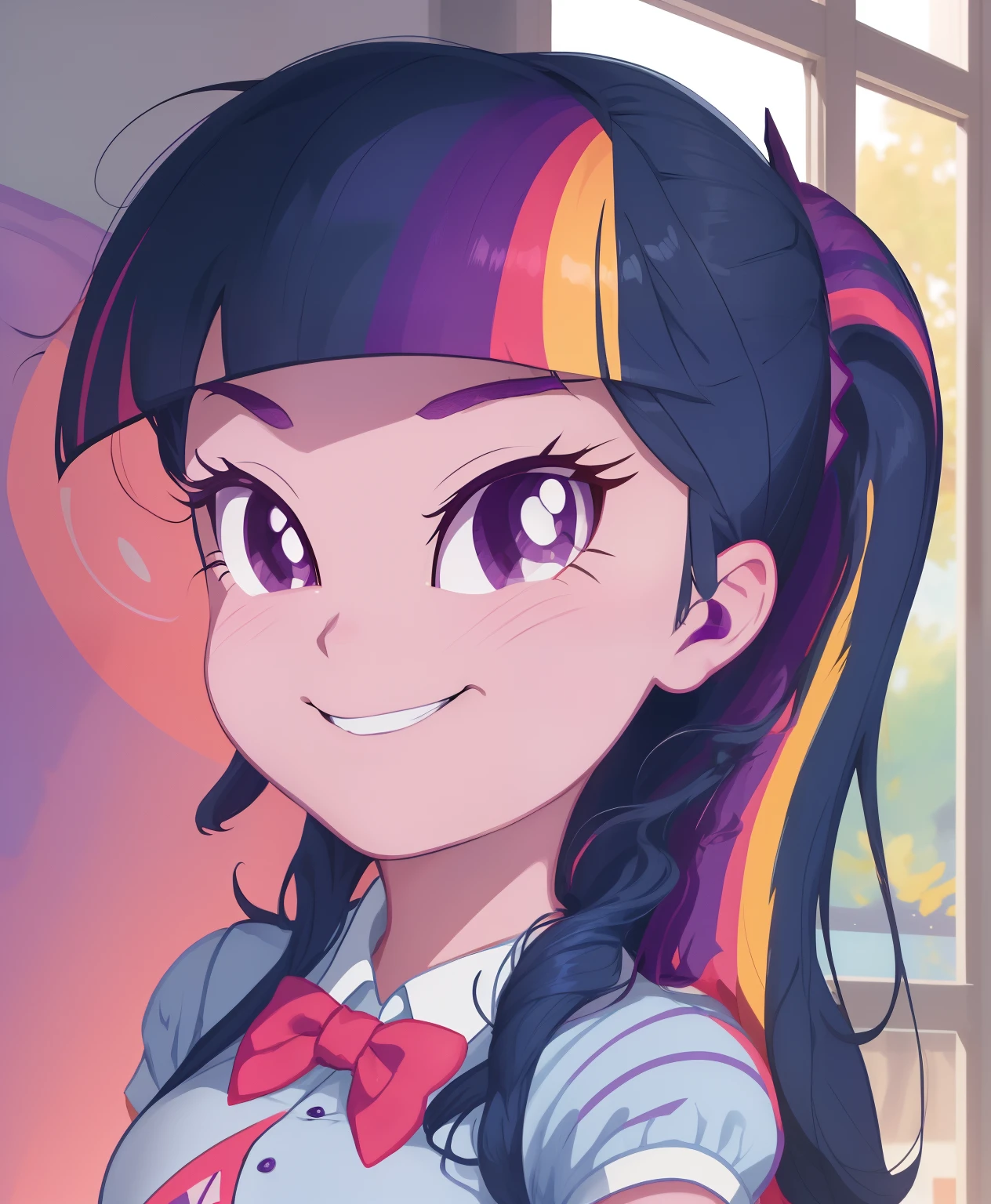 a close up of a cartoon girl with long hair and a bow, twilight sparkle, cool twilight, dark cool twilight, giddy smirk, her hair is in a pony tail, twilight ray, mlp, equestria, nefarious smirk, confident smirk, she has two ponytails, cutie mark, fim still, slightly smirking, twlight